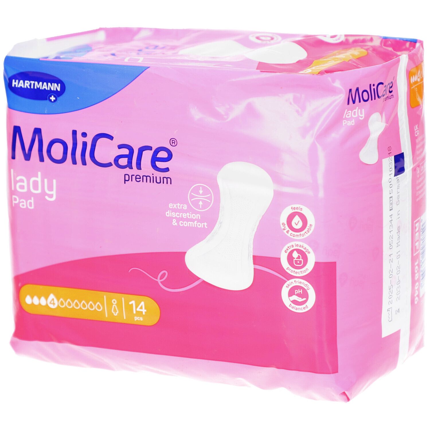Rosa Verpackung mit Hartmann MoliCare lady Pad. 14 Stück. Aufdrucke: extra Diskretion & Komfort, pH-hautfreundlich.