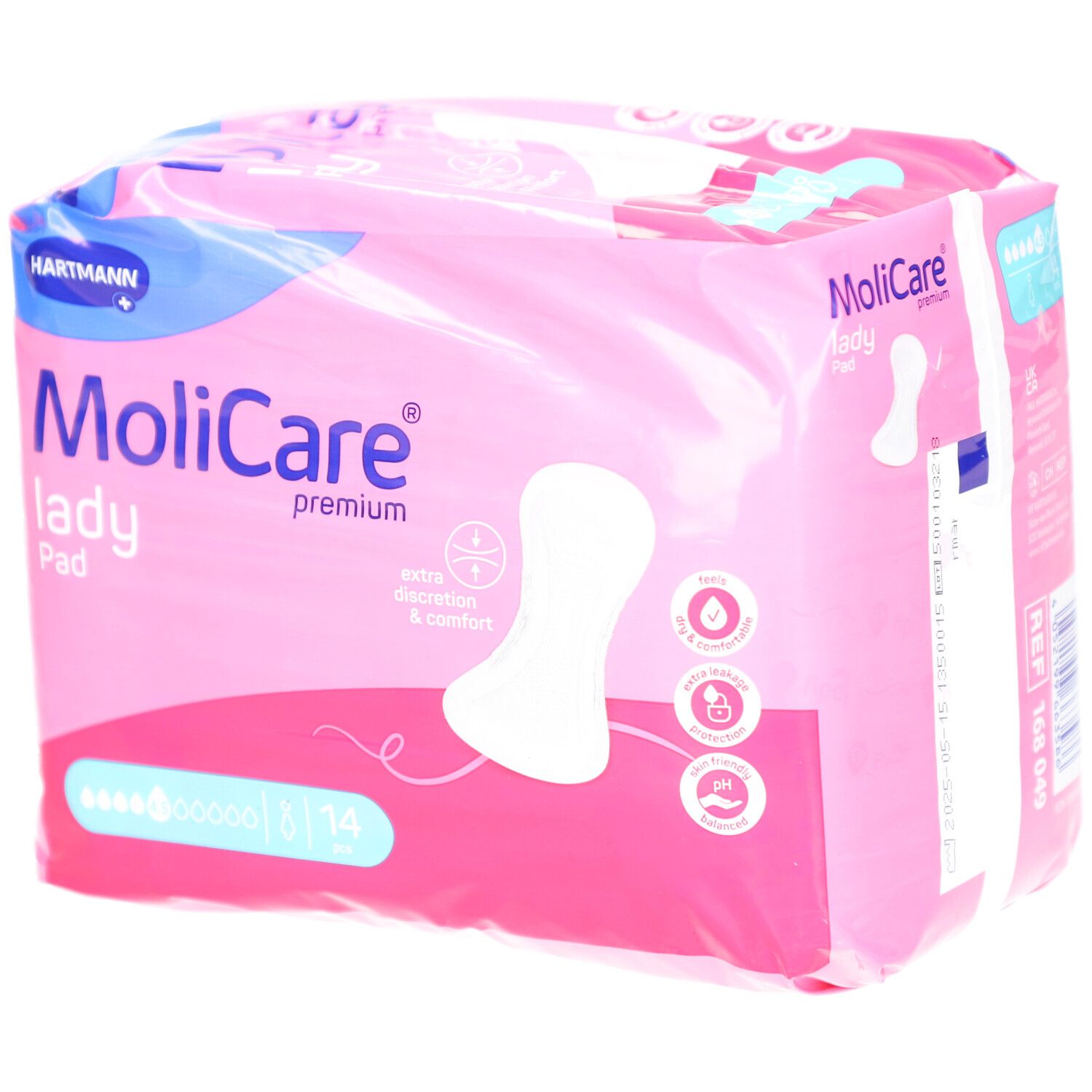 Rosa Verpackung mit Hartmann MoliCare Lady Pad. Zeigt ein Pad und Produktmerkmale. 14 Stück.