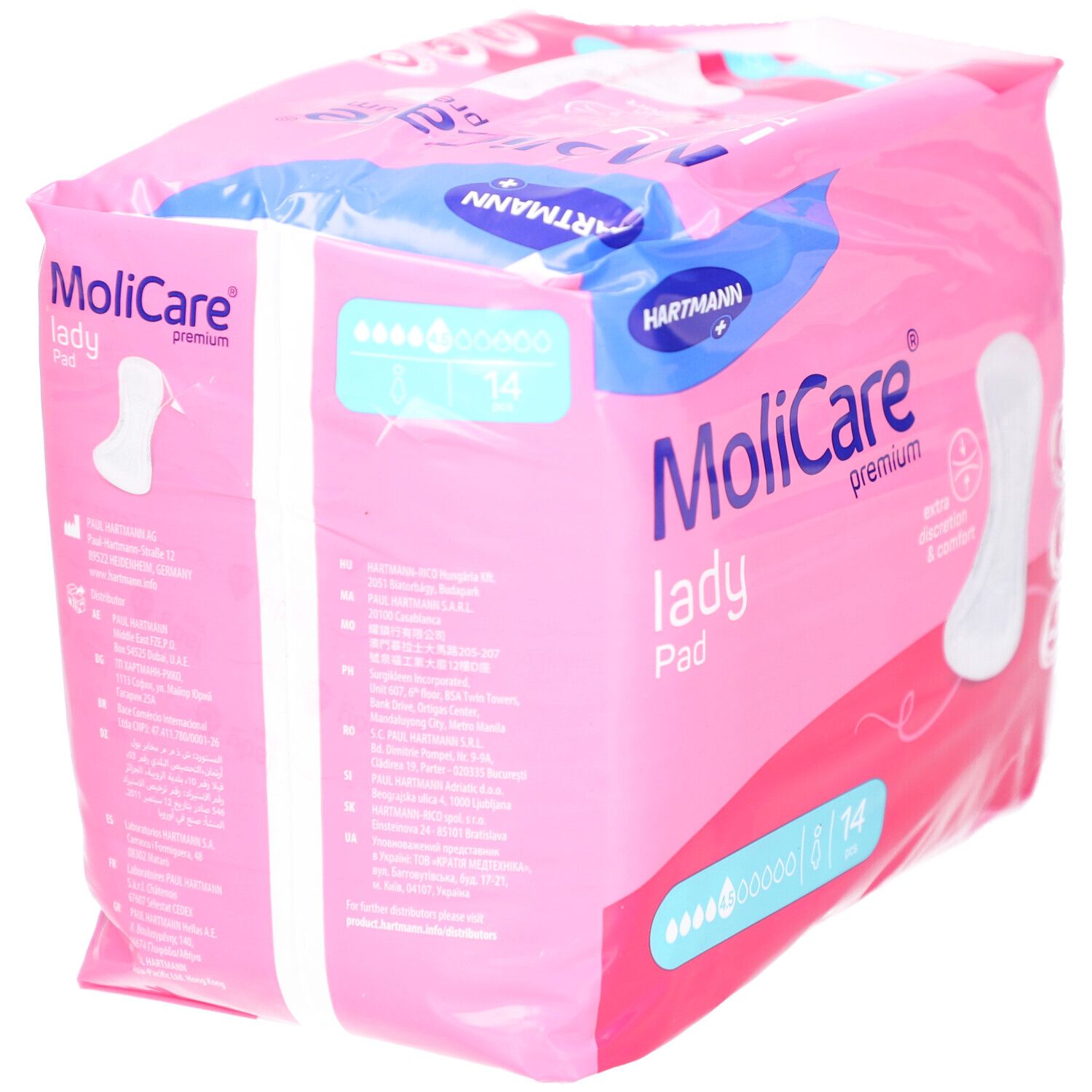 Rosa Verpackung Hartmann MoliCare Lady Pad. Rückseite mit Produktinformationen und Barcode. 14 Stück.