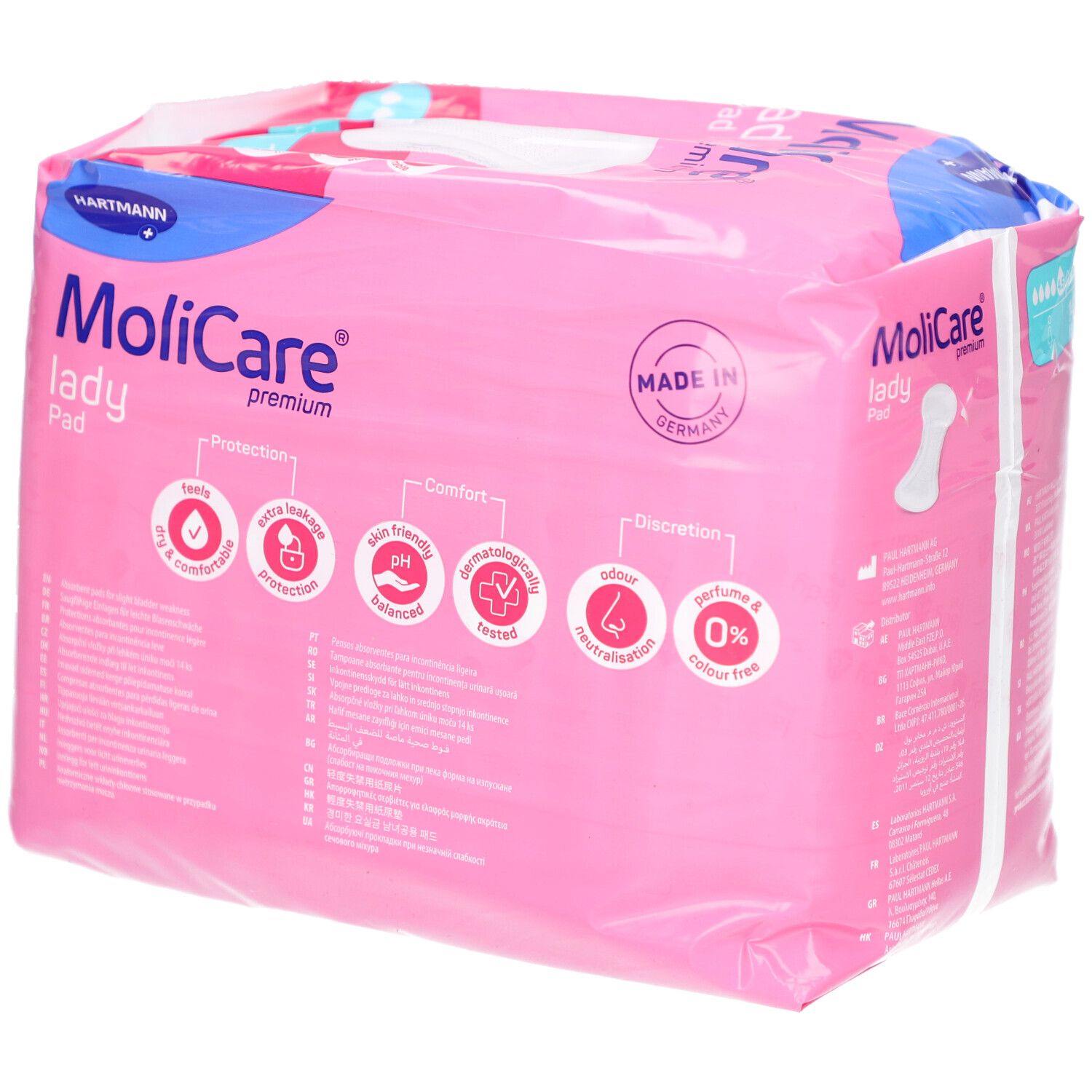 Rosa Verpackung Hartmann MoliCare Lady Pad. Zeigt Produktmerkmale und 'Made in Germany'. 14 Stück.
