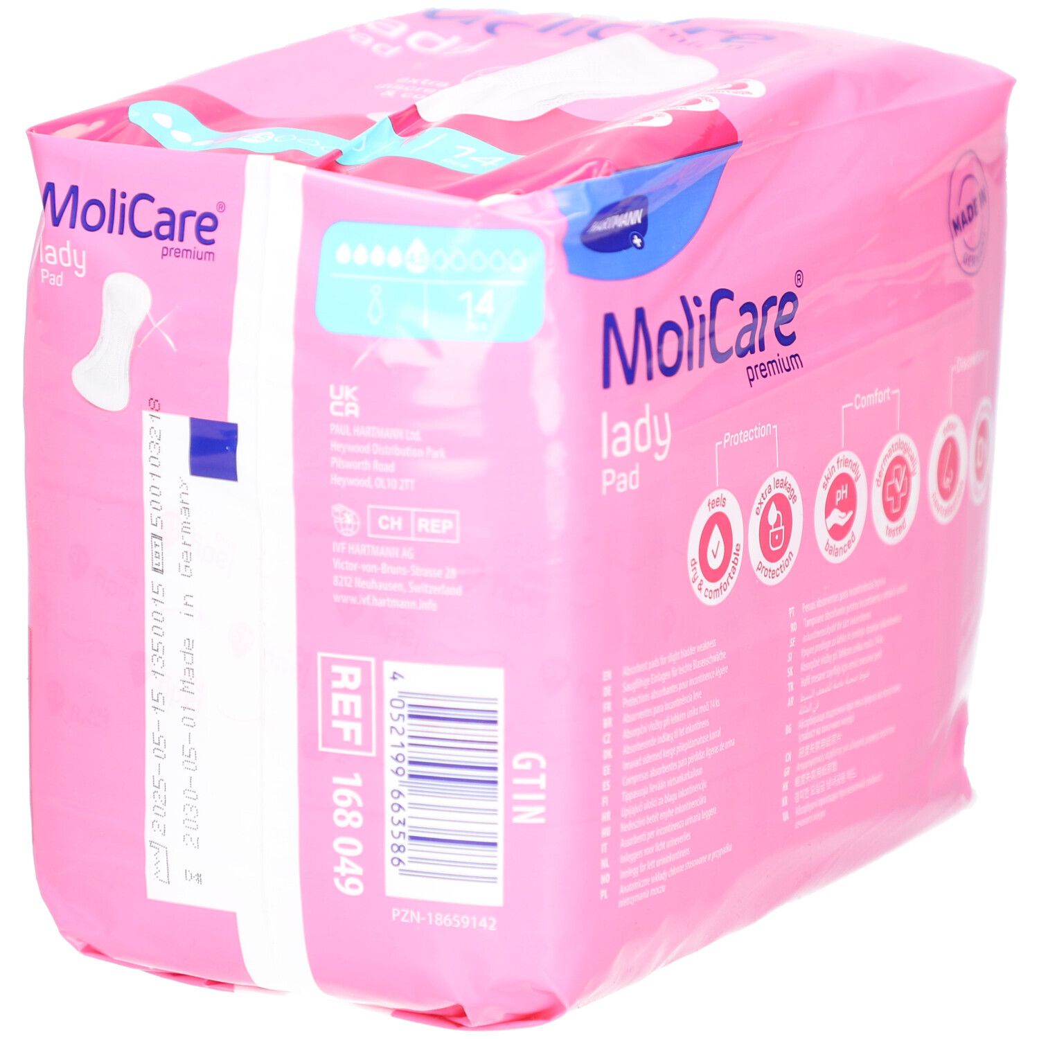 Rosa Verpackung Hartmann MoliCare Lady Pad. Rückseite mit Produktinformationen und Barcode. 14 Stück.