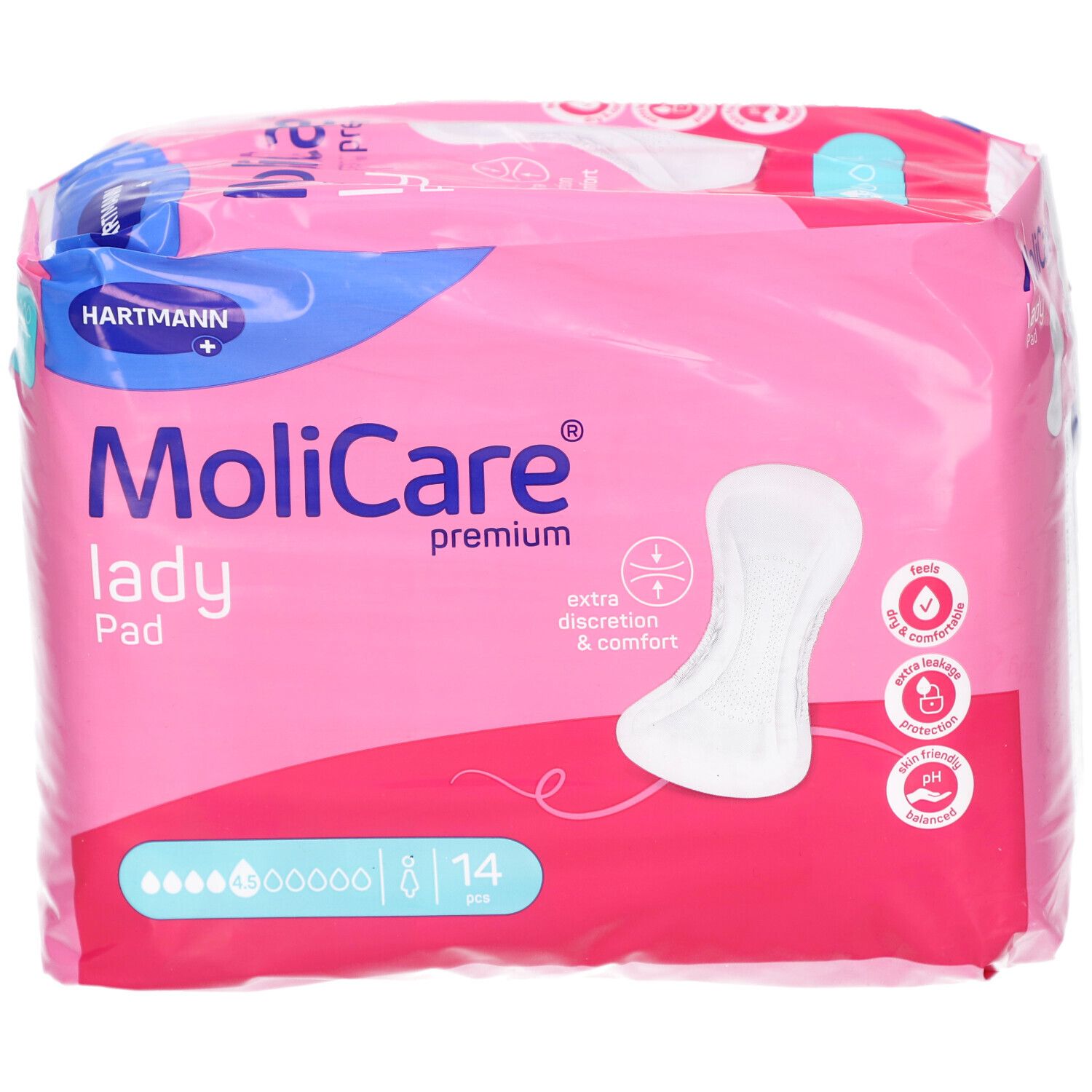 Rosa Verpackung Hartmann MoliCare Lady Pad. Zeigt ein Pad und Produktmerkmale. 14 Stück.