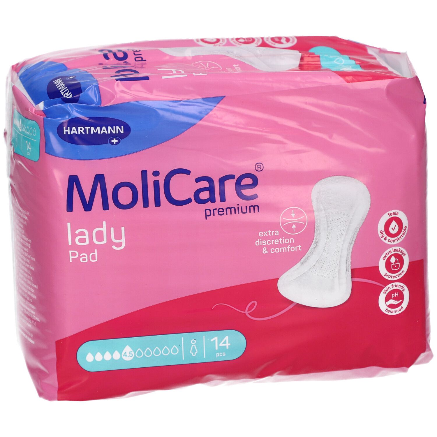 Rosa Verpackung Hartmann MoliCare Lady Pad. Zeigt ein Pad und Produktmerkmale. 14 Stück.