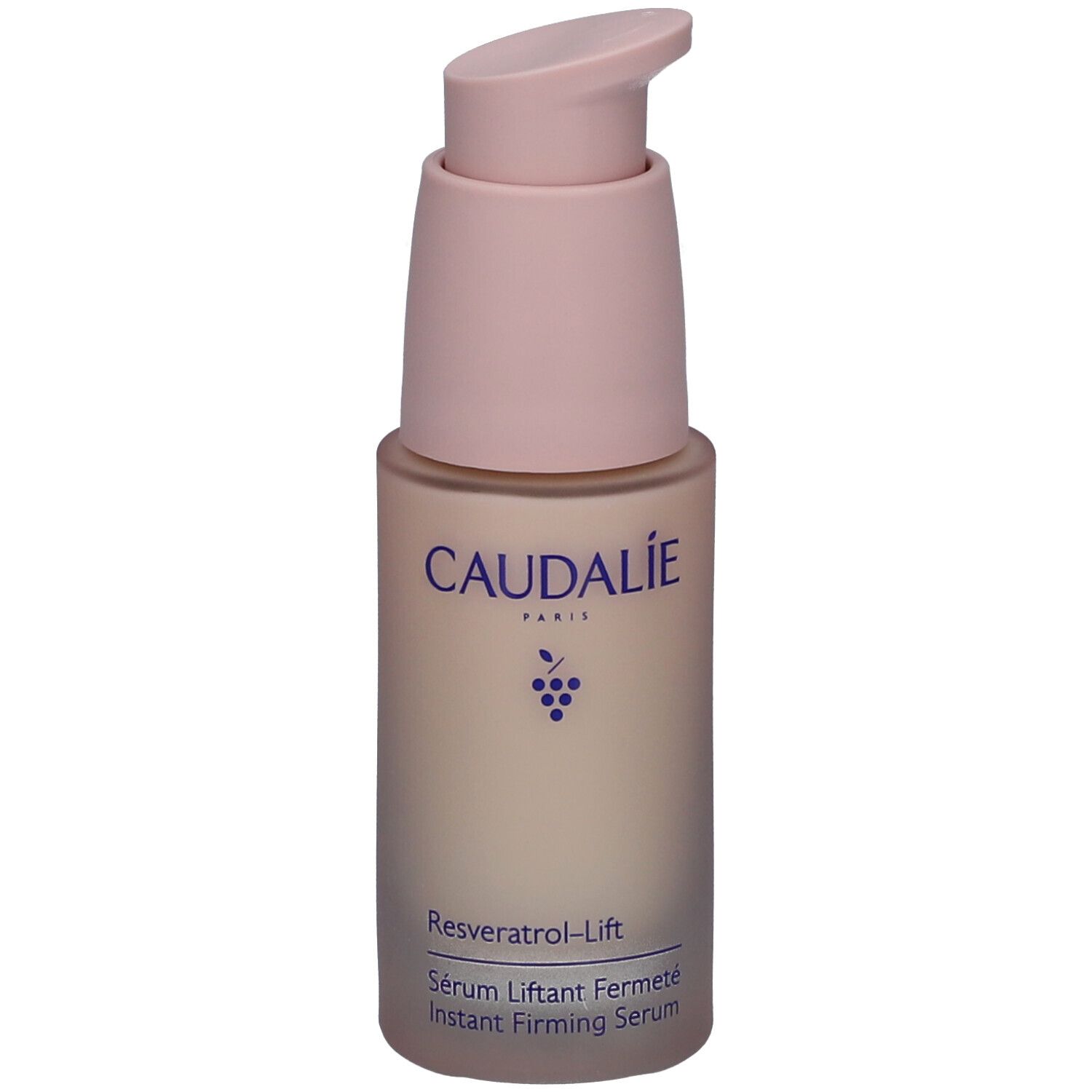 Caudalie Resveratrol-Lift Serum. Flasche mit rosa Pumpkopf. Aufschrift: Caudalie, Resveratrol-Lift, Serum Liftant Fermeté.