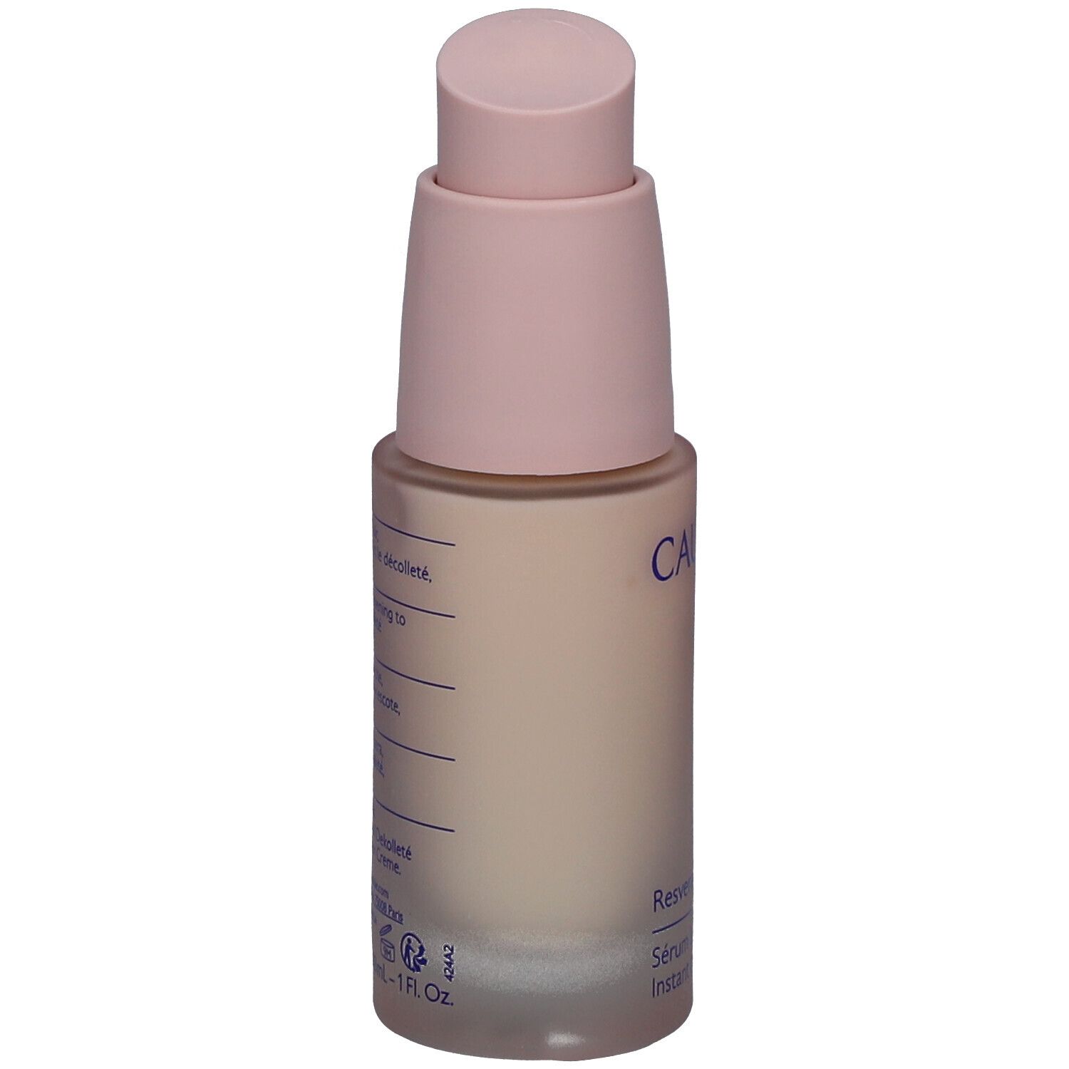 Rückseite der Caudalie Resveratrol-Lift Serum Flasche. Text in mehreren Sprachen. Aufschrift: Caudalie, Resveratrol-Lift, 1 fl oz.