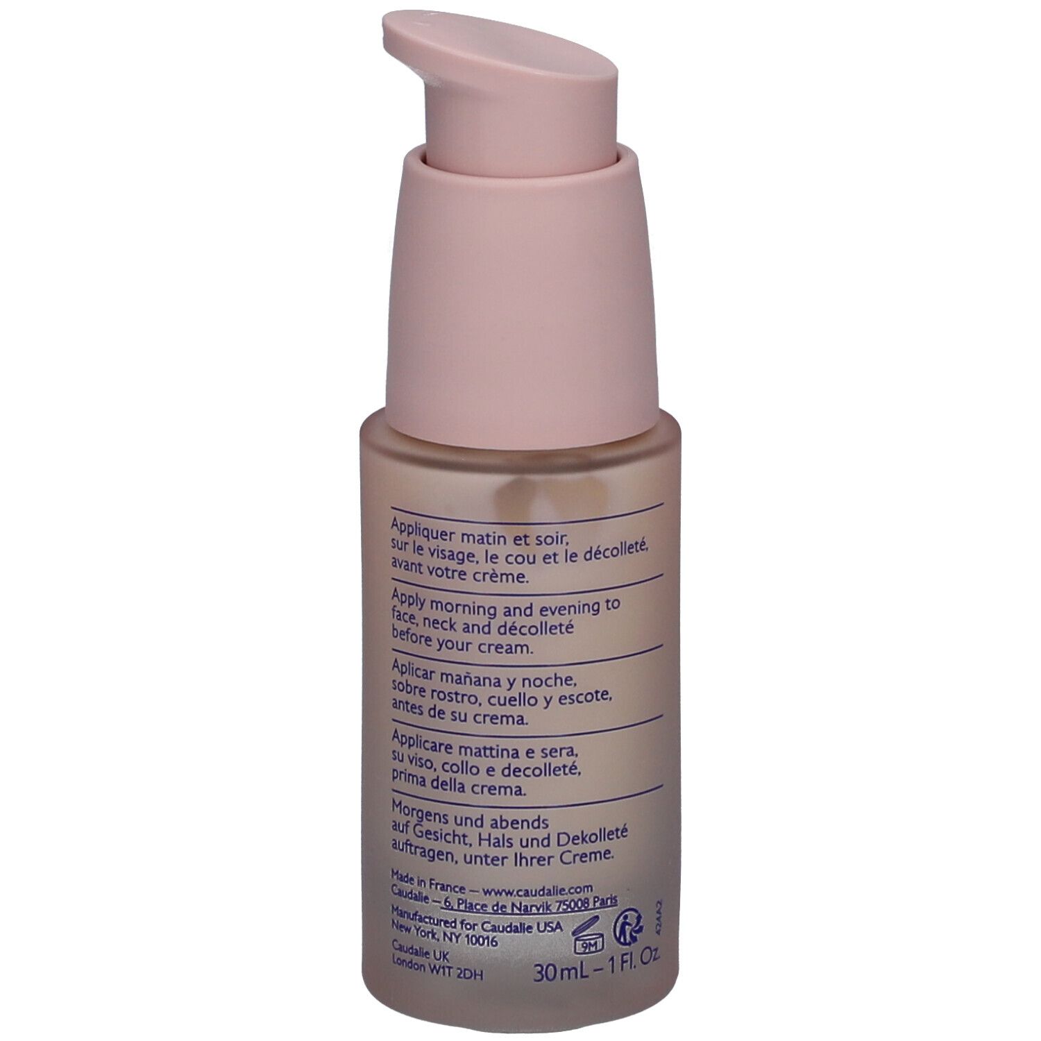 Rückseite der Caudalie Resveratrol-Lift Serum Flasche. Text in mehreren Sprachen. Aufschrift: Caudalie, Resveratrol-Lift, 30ml-1 fl oz.