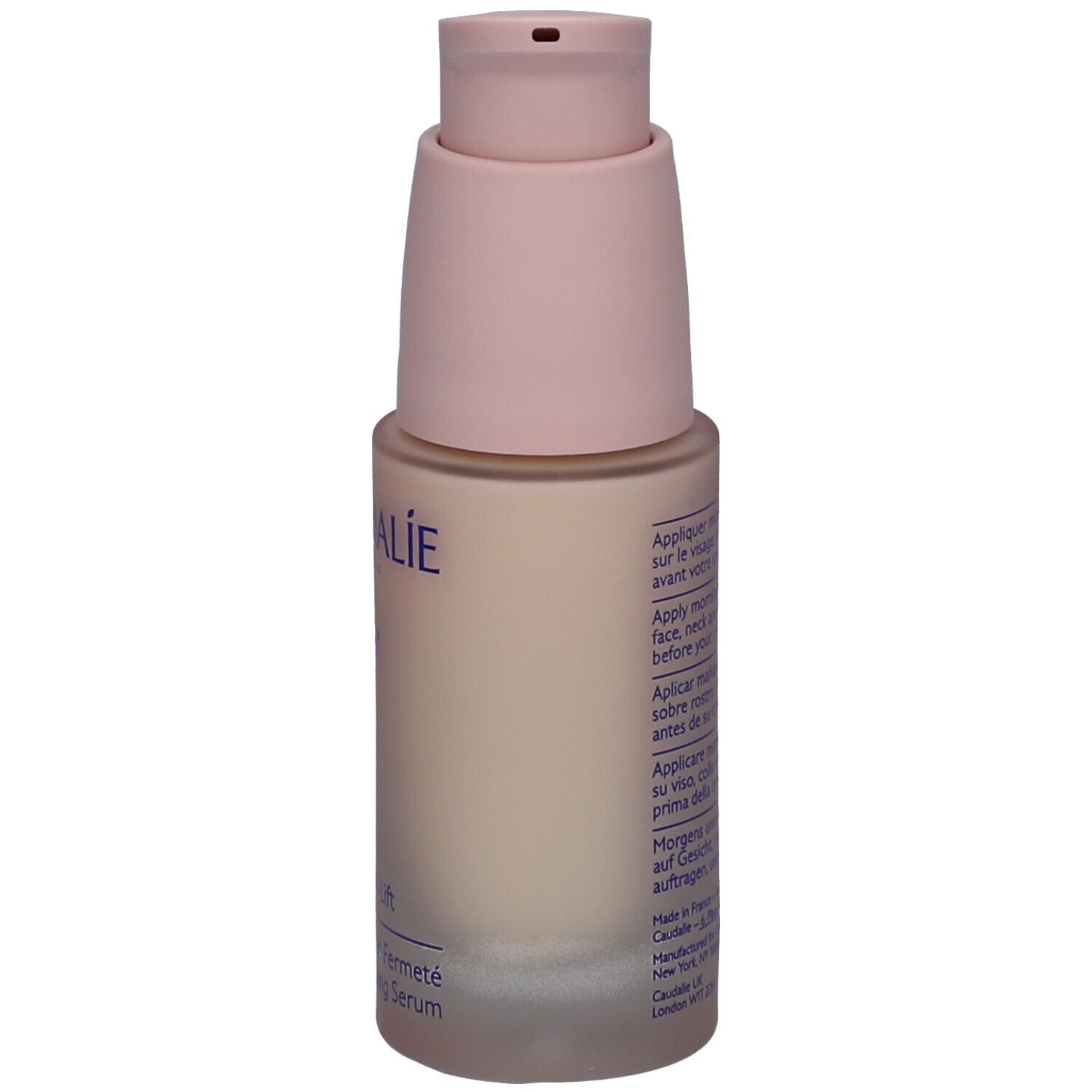 Caudalie Resveratrol-Lift Serum. Flasche mit rosa Pumpkopf. Aufschrift: Caudalie, Resveratrol-Lift, Serum Liftant Fermeté.