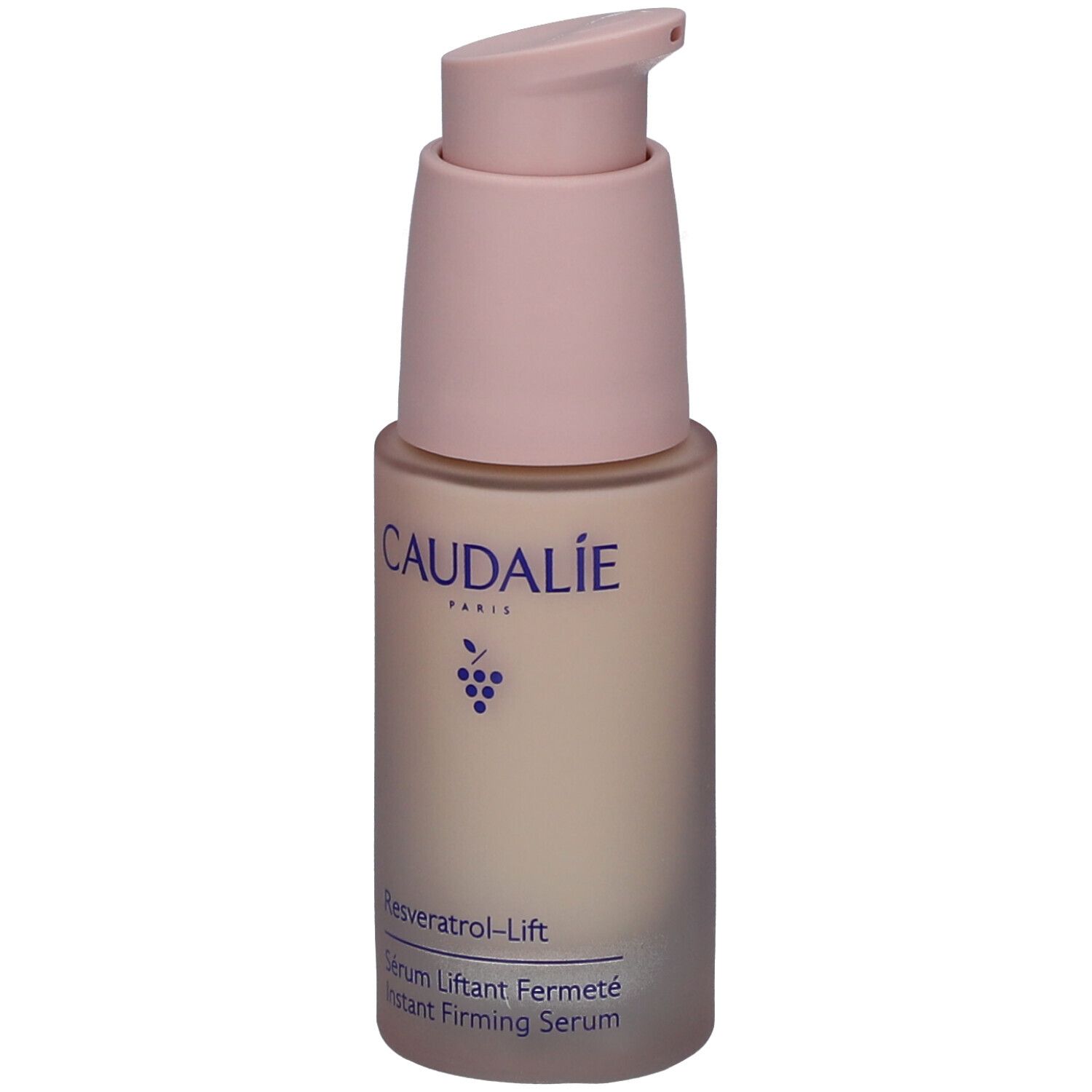 Caudalie Resveratrol-Lift Serum. Flasche mit rosa Pumpkopf. Aufschrift: Caudalie, Resveratrol-Lift, Serum Liftant Fermeté.