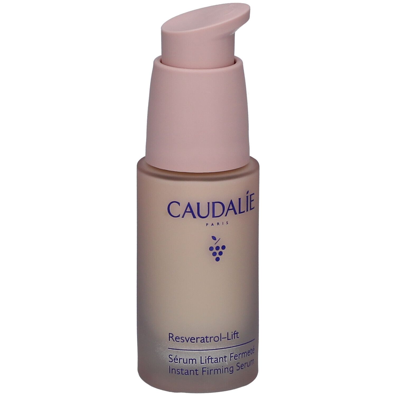 Caudalie Resveratrol-Lift Serum. Flasche mit rosa Pumpkopf. Aufschrift: Caudalie, Resveratrol-Lift, Serum Liftant Fermeté.