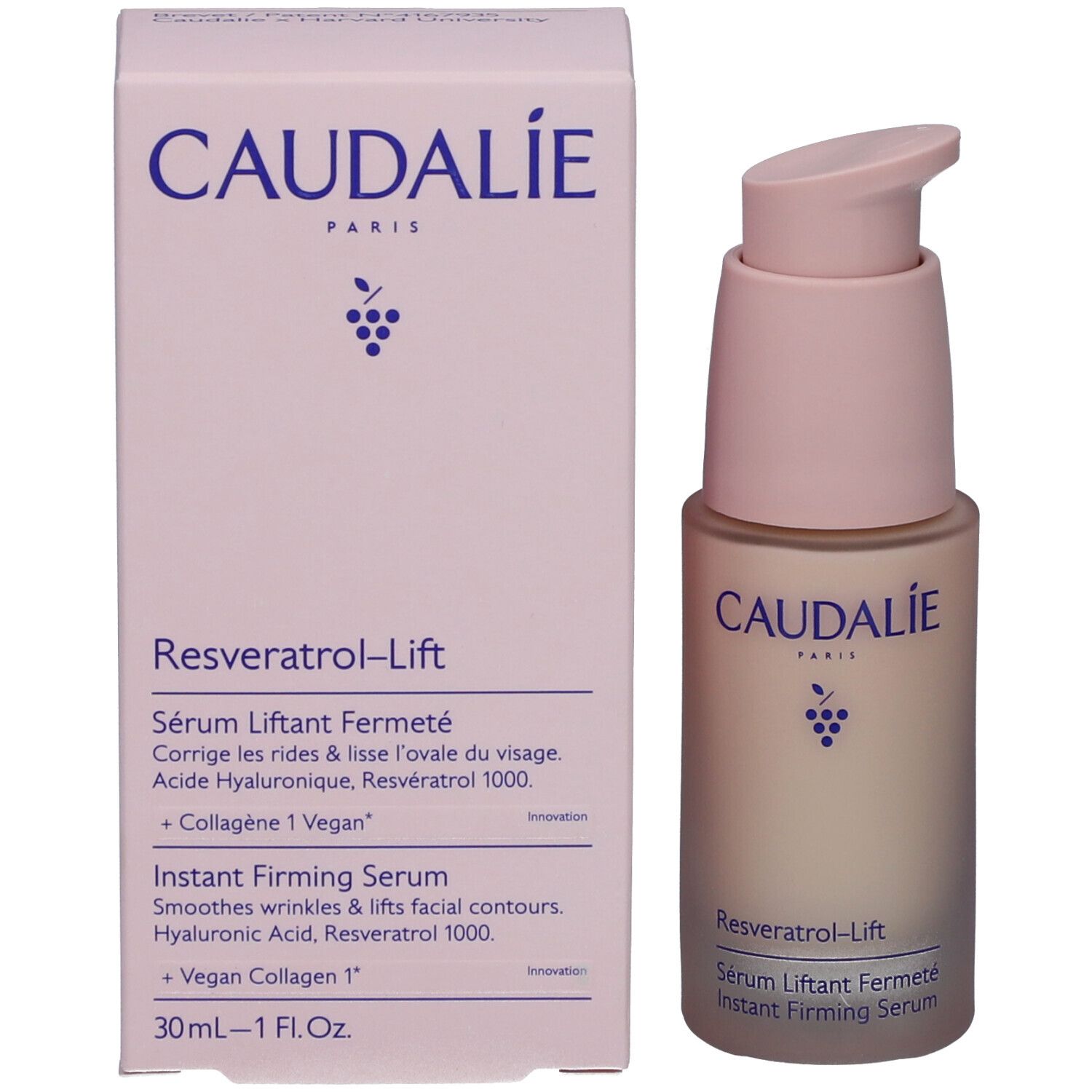 Caudalie Resveratrol-Lift Serum und Verpackung. Aufschrift: Caudalie, Resveratrol-Lift, Serum Liftant Fermeté, 30ml-1 Fl.Oz.