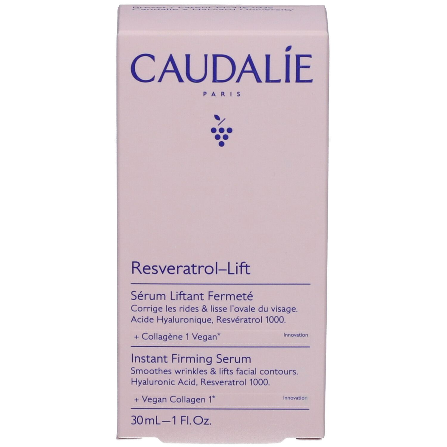 Caudalie Resveratrol-Lift Verpackung. Aufschrift: Caudalie, Resveratrol-Lift, Serum Liftant Fermeté, 30ml-1 Fl.Oz.