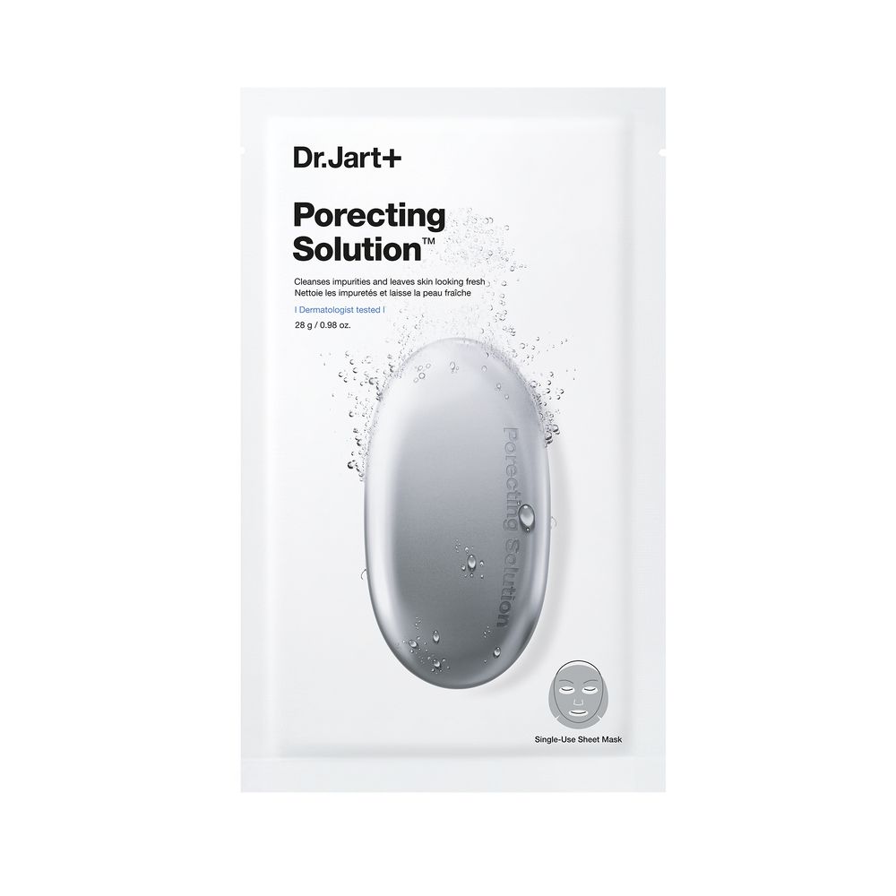 Dr.Jart+ DERMASK™ Porecting Solution Maske. Weiße Verpackung mit Produktbild und Logo. Einzelmaske.