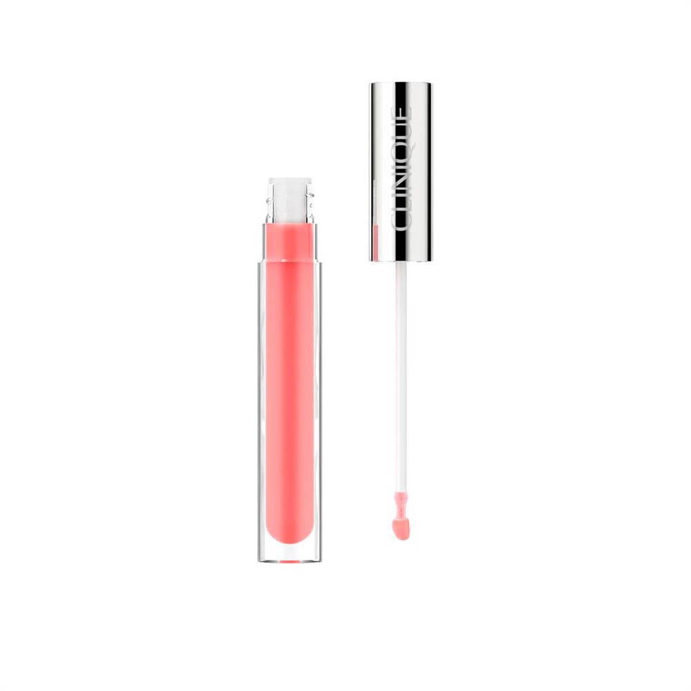 Ein durchsichtiger Behälter mit einem korallenfarbenen Lippenprodukt und einem Applikator.