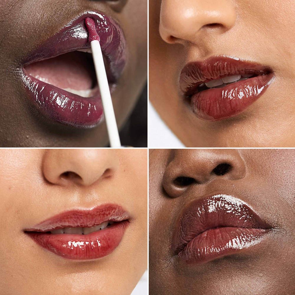Vier Nahaufnahmen von Lippen mit glänzendem Lippenstift in verschiedenen Rottönen.