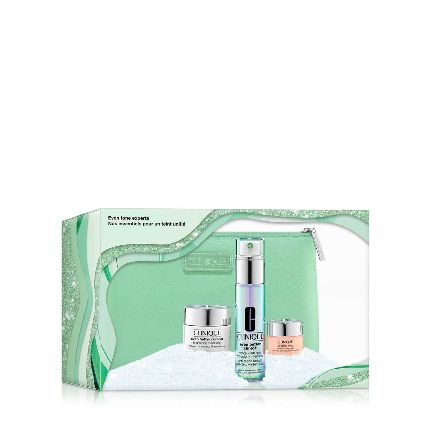 Clinique Even Tone Experts Set in Verpackung. Enthält eine grüne Kosmetiktasche, drei Tiegel und Flaschen. Aufschrift: CLINIQUE, Even Better Clinical.