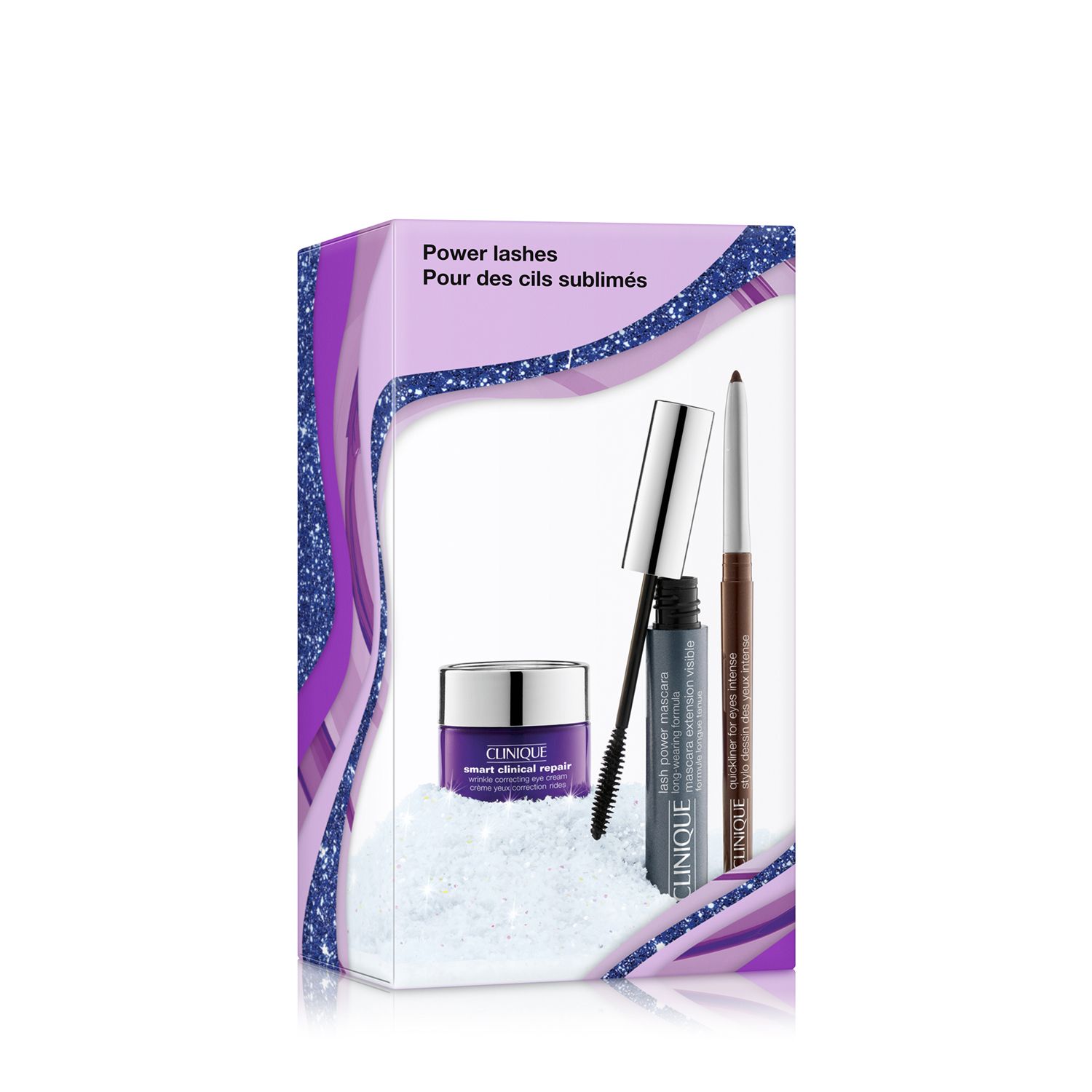 Geschenkset mit Augencreme, Mascara und Eyeliner. Verpackung mit lila Design. Produkte auf weißem Untergrund. Text: Power lashes.