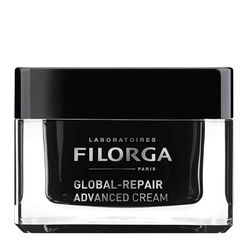 Filorga Global-Repair Advanced Cream. Schwarzer Tiegel mit Creme. Glasbehälter.