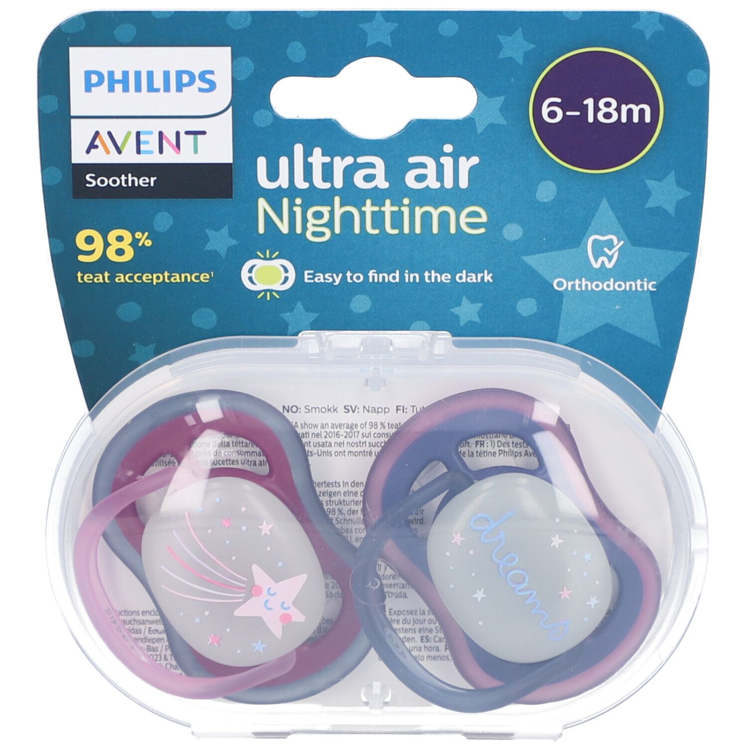 Zwei Schnuller in einer transparenten Hülle. Auf der Verpackung steht Philips Avent, Ultra Air Nighttime, 6-18m. Mit Sternenmuster.