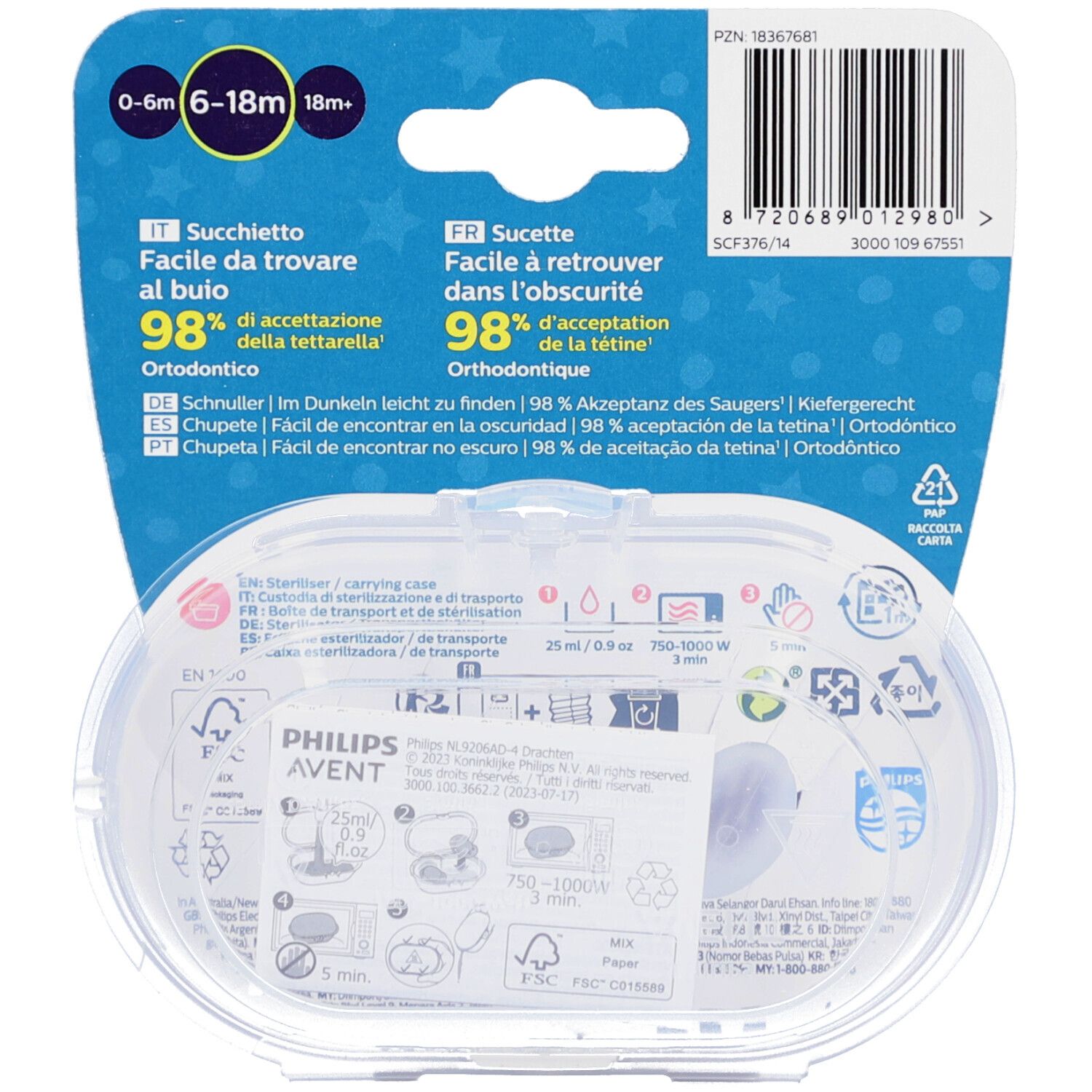 Rückseite der Verpackung mit Informationen. Enthält Text in Deutsch, Französisch, Italienisch, Spanisch und Portugiesisch. Mit Barcode und Philips Avent Logo.