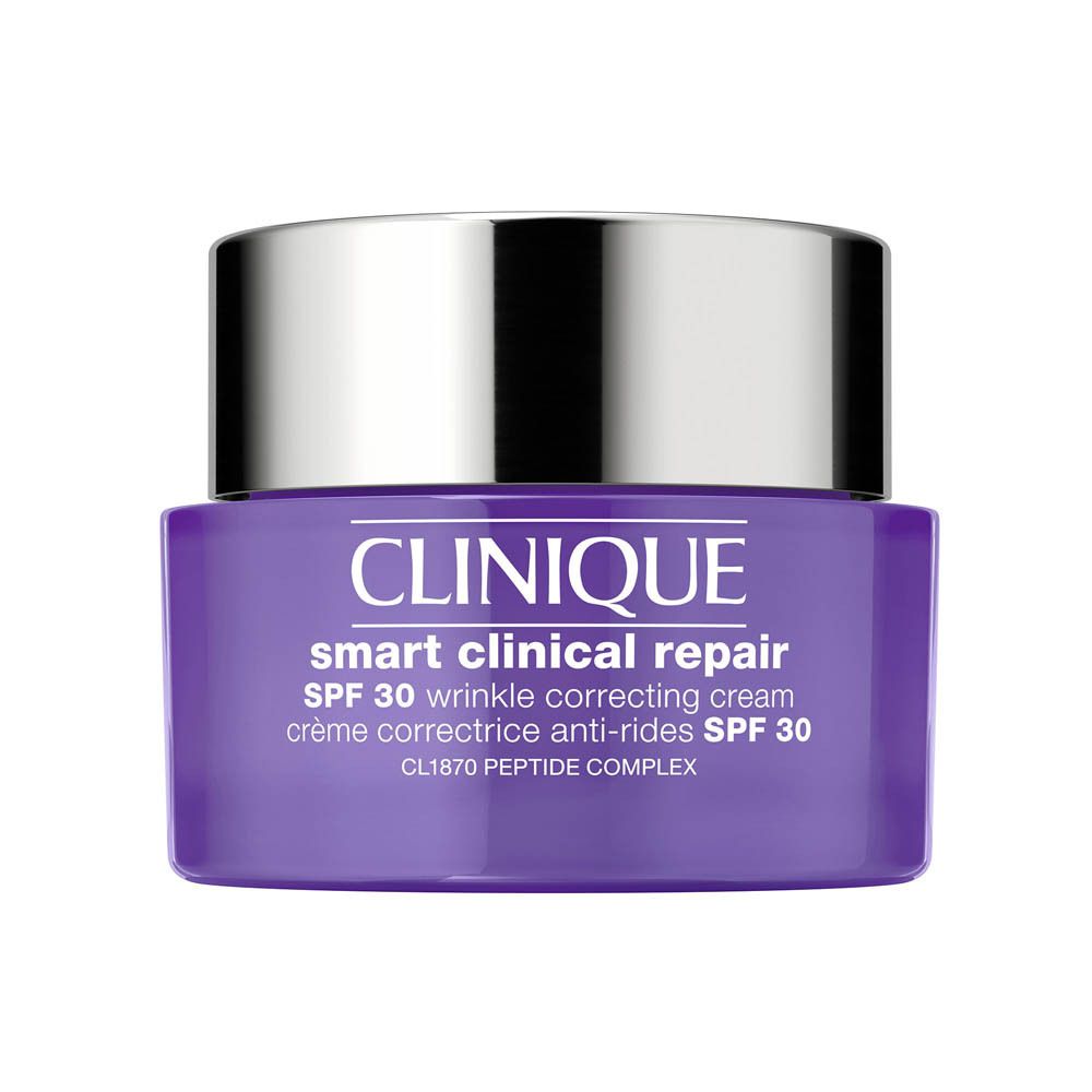 Clinique Smart Clinical Repair Faltenkorrekturcreme SPF 30 in lila Tiegel mit silbernem Deckel.