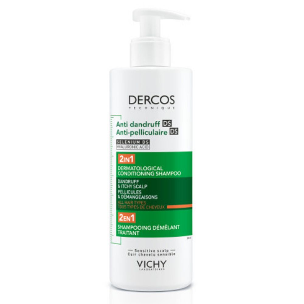 Weißer Pumpspender mit Dercos Anti-Schuppen DS Shampoo, 2in1 dermatologisch pflegend.