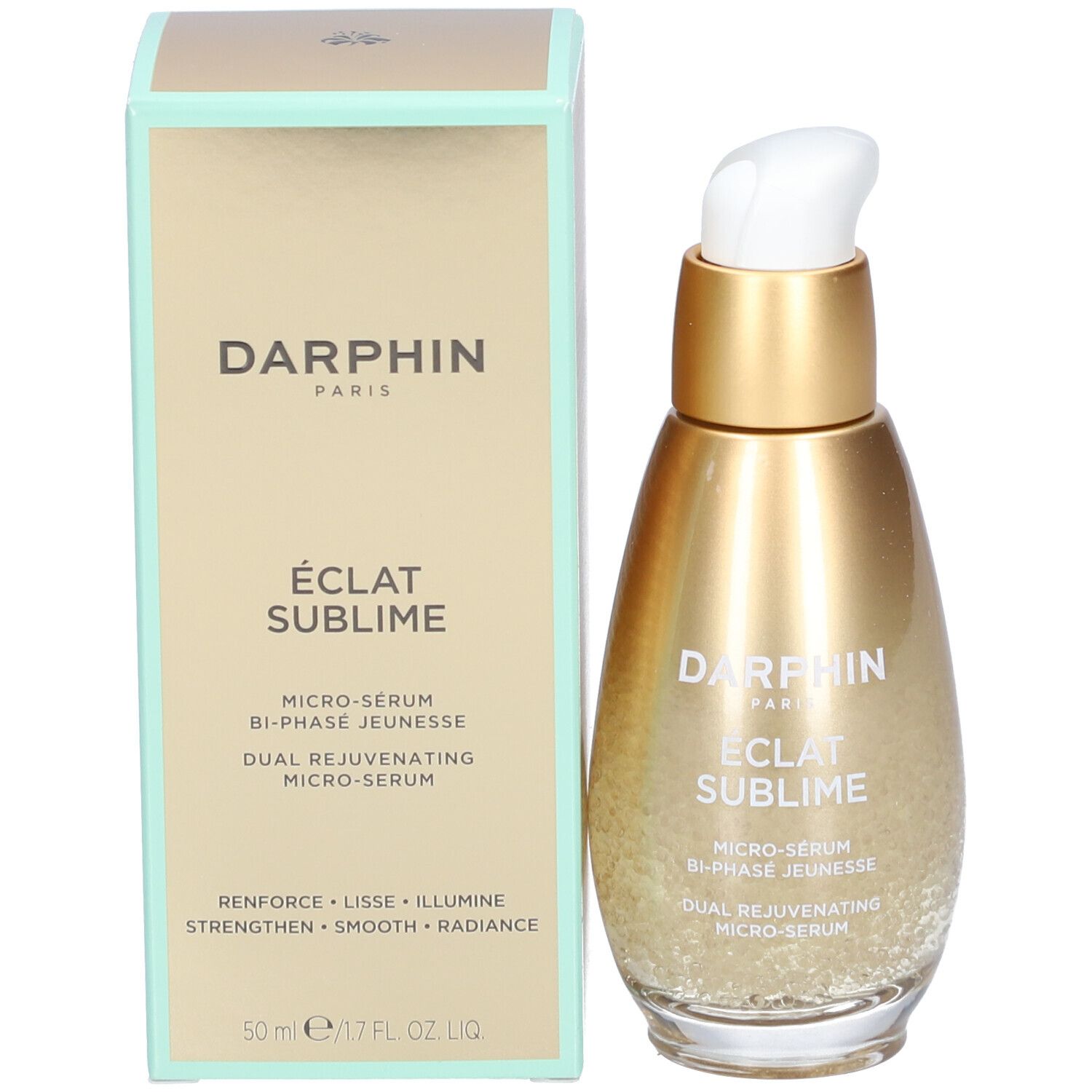 Darphin Eclat Sublime Flakon und Umverpackung, goldfarben.