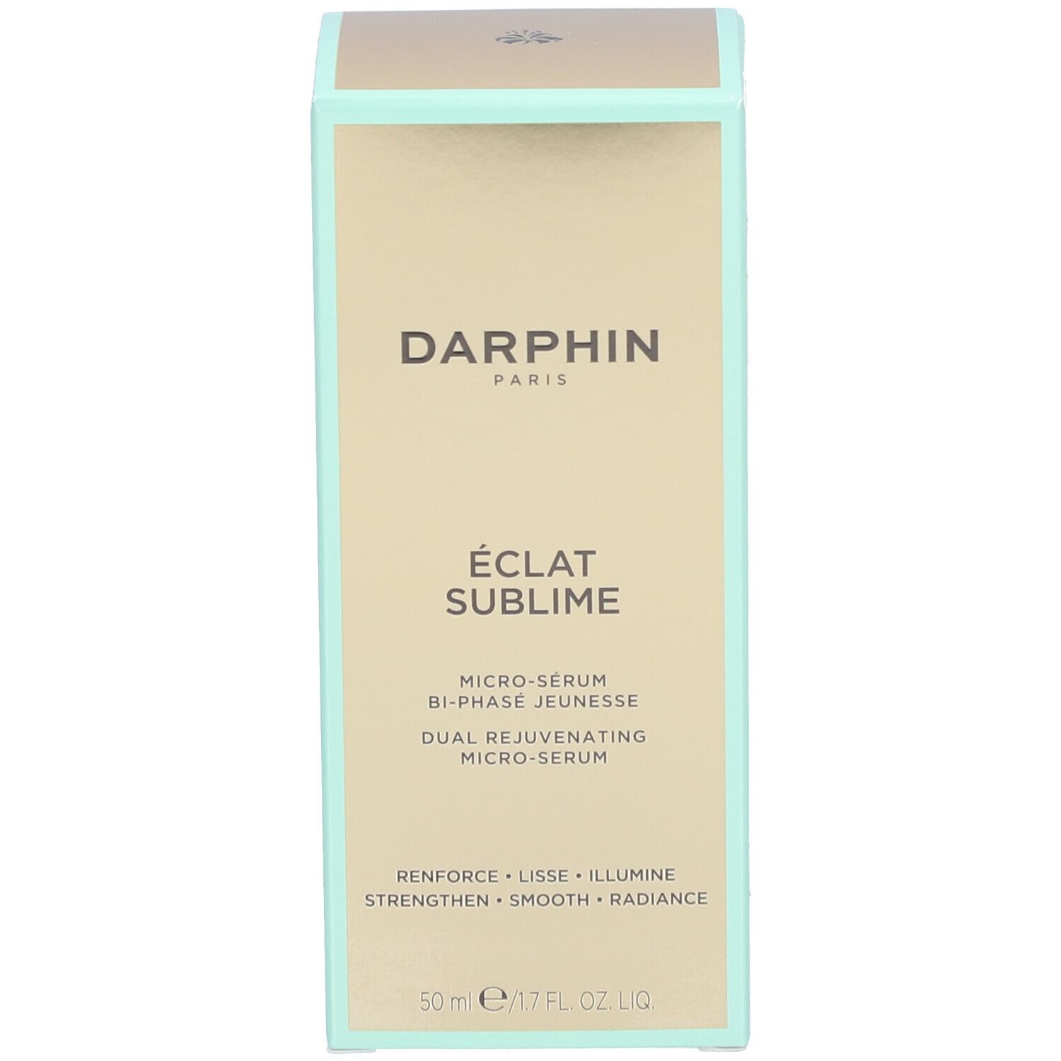 Darphin Eclat Sublime Umverpackung, goldfarben mit mintgrünen Akzenten.