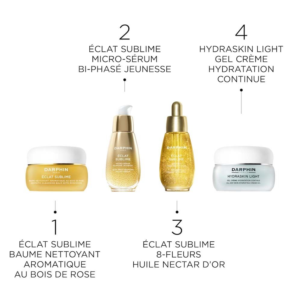 Vier Produkte: Reinigungsbalsam, Serum, Öl, Creme. Éclat Sublime, Hydraskin Light. 3 Schritte für dauerhaften Glanz.