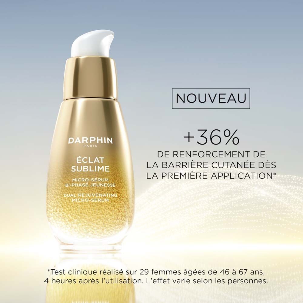 Goldene Flasche mit Serum. Darphin, Éclat Sublime, Micro-Serum. +36% Stärkung der Hautbarriere.