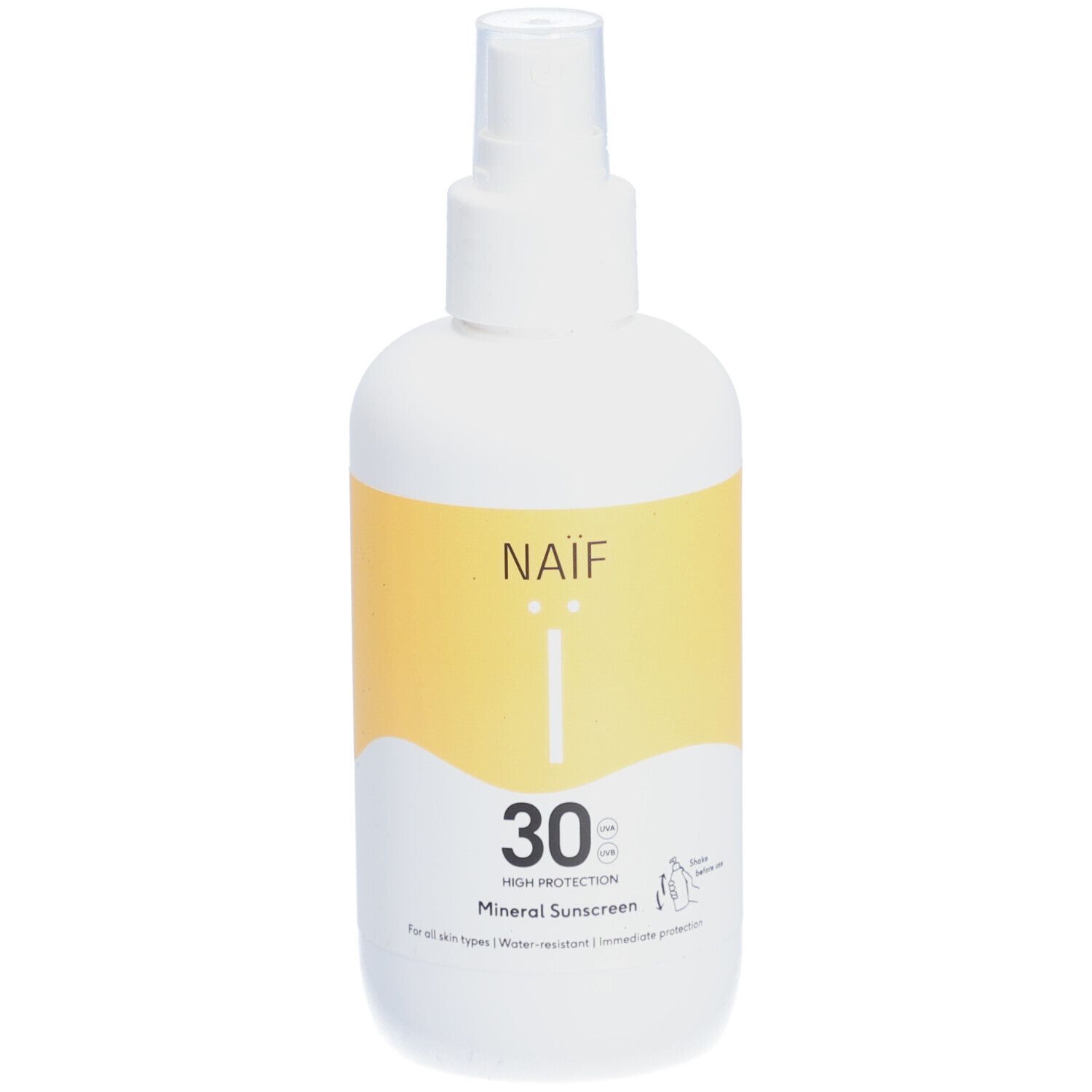 Weiße Flasche mit gelbem Etikett. Auf dem Etikett: NAÏF, 30, Mineral Sunscreen. Für alle Hauttypen. Wasserfest.