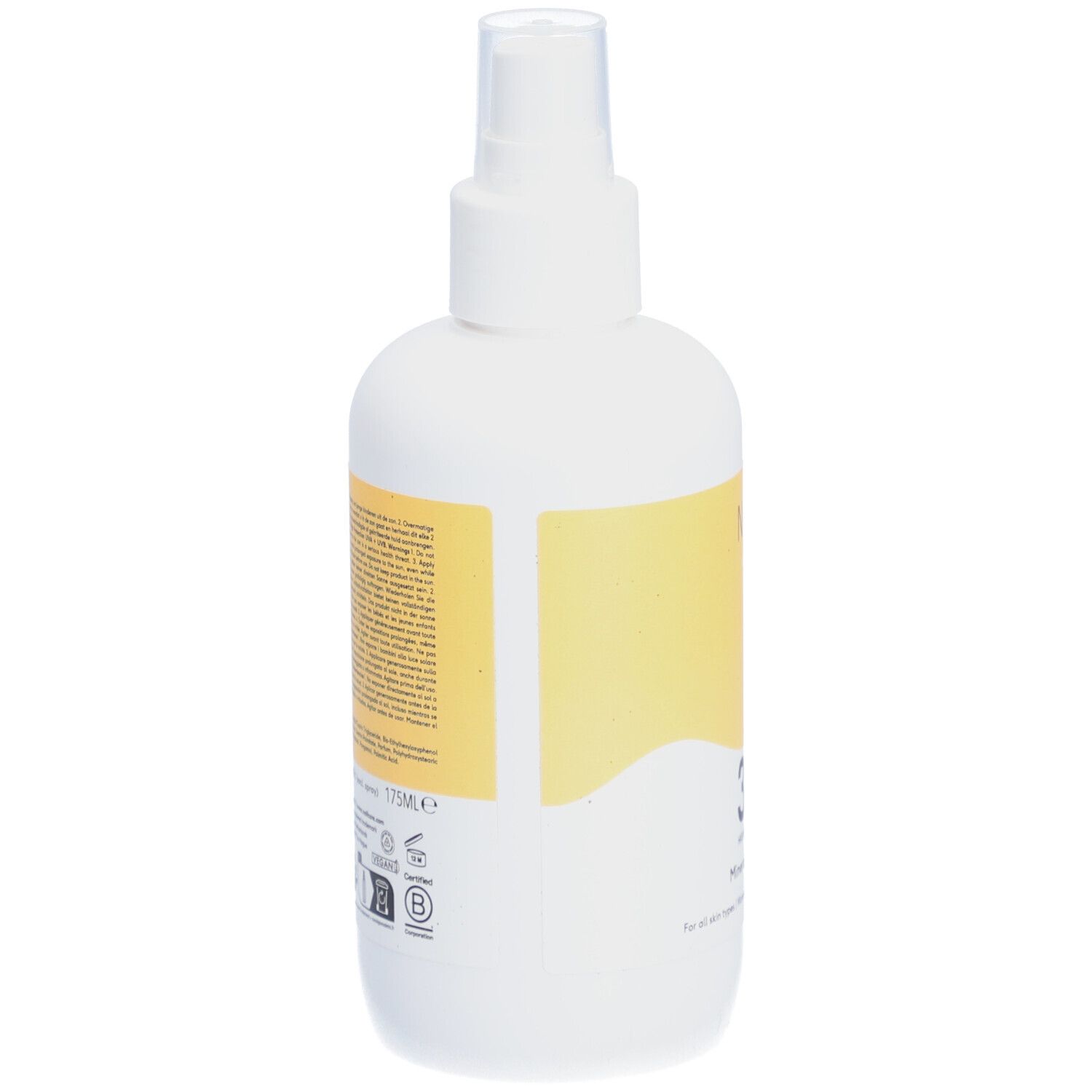 Weiße Flasche, Rückseite mit gelbem Etikett. Text auf Etikett. Zertifizierungen und Logos.