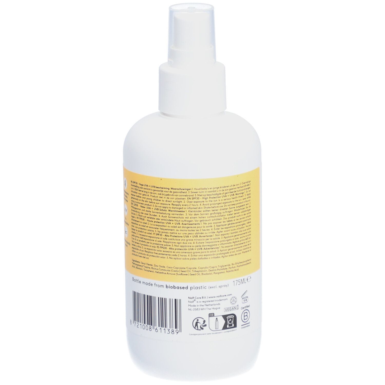 Rückansicht einer weißen Flasche mit gelbem Etikett. Text auf dem Etikett. Zertifizierungen und Logos.