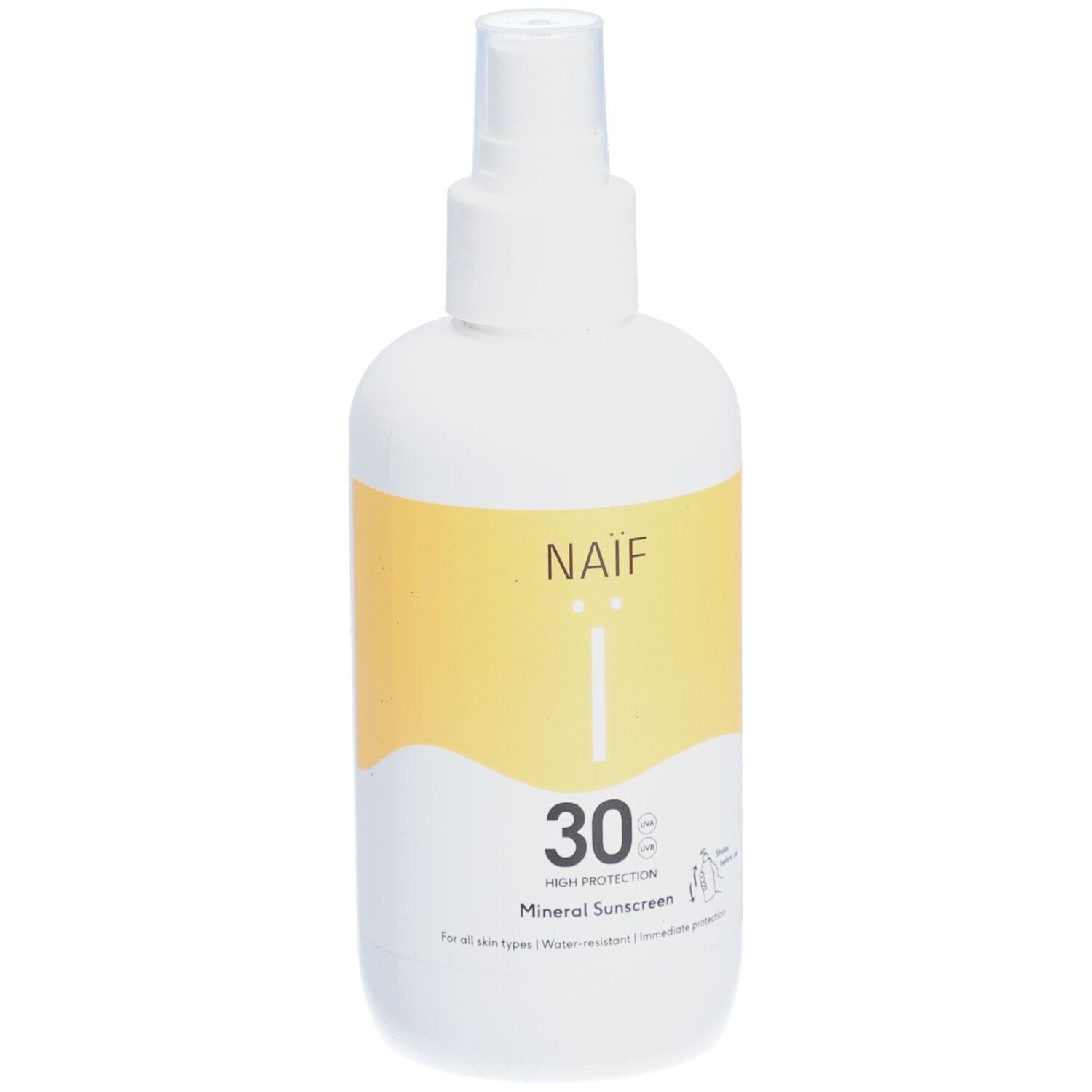 Weiße Flasche mit gelbem Etikett. Auf dem Etikett: NAÏF, 30, Mineral Sunscreen. Für alle Hauttypen. Wasserfest.