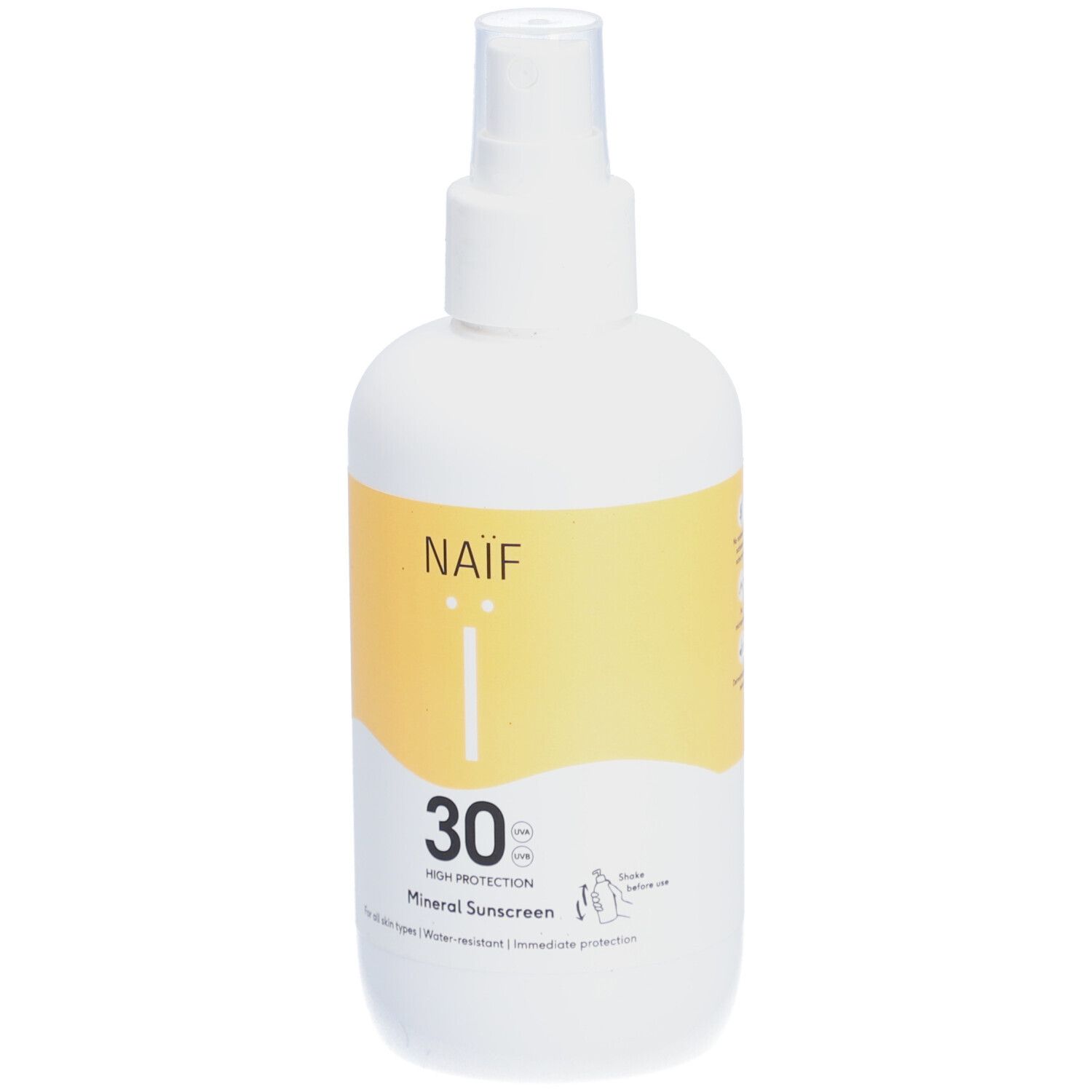 Weiße Flasche mit gelbem Etikett. Auf dem Etikett: NAÏF, 30, Mineral Sunscreen. Für alle Hauttypen. Wasserfest.
