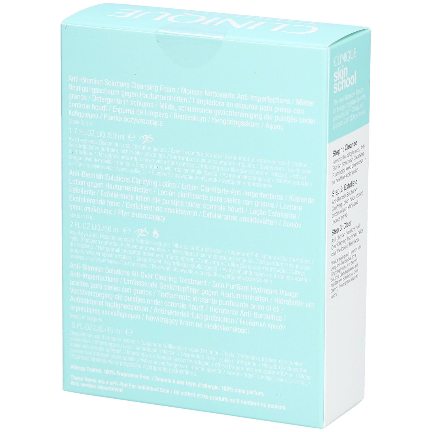 Rückseite der Clinique Anti-Blemish Verpackung. Produktbeschreibungen in mehreren Sprachen. Hellblauer Karton.