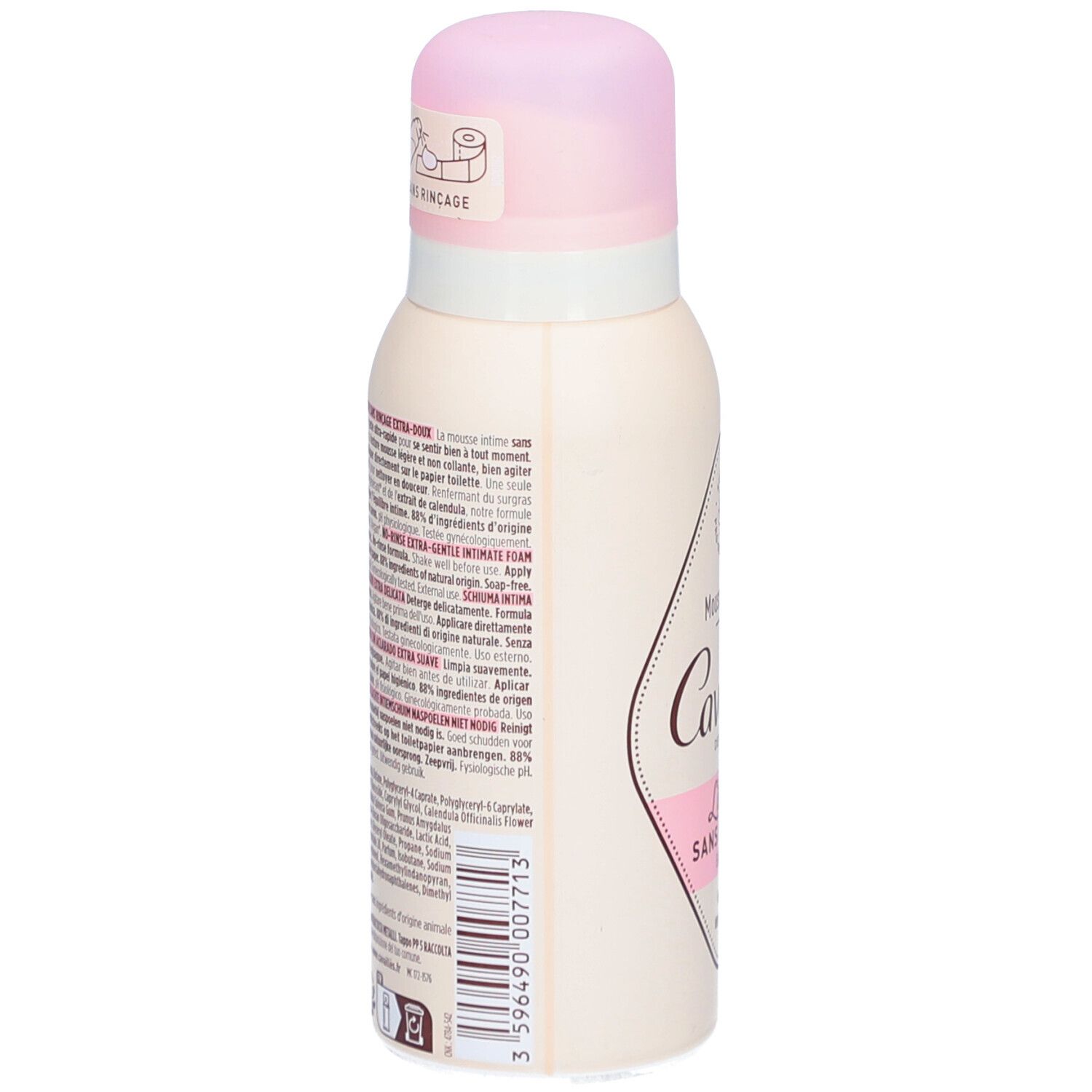 Weiß-rosa Flasche mit rosa Deckel. Aufschrift: Cavaillès, Mousse Intime, L'intime Sans Rinçage. Ohne Spülung.