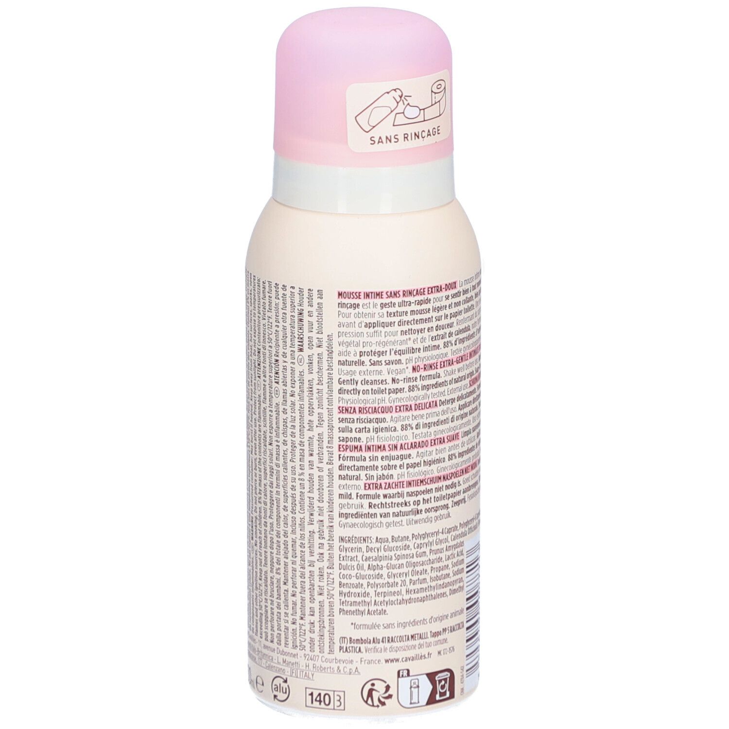 Weiß-rosa Flasche mit rosa Deckel. Aufschrift: Cavaillès, Mousse Intime, L'intime Sans Rinçage. Ohne Spülung.