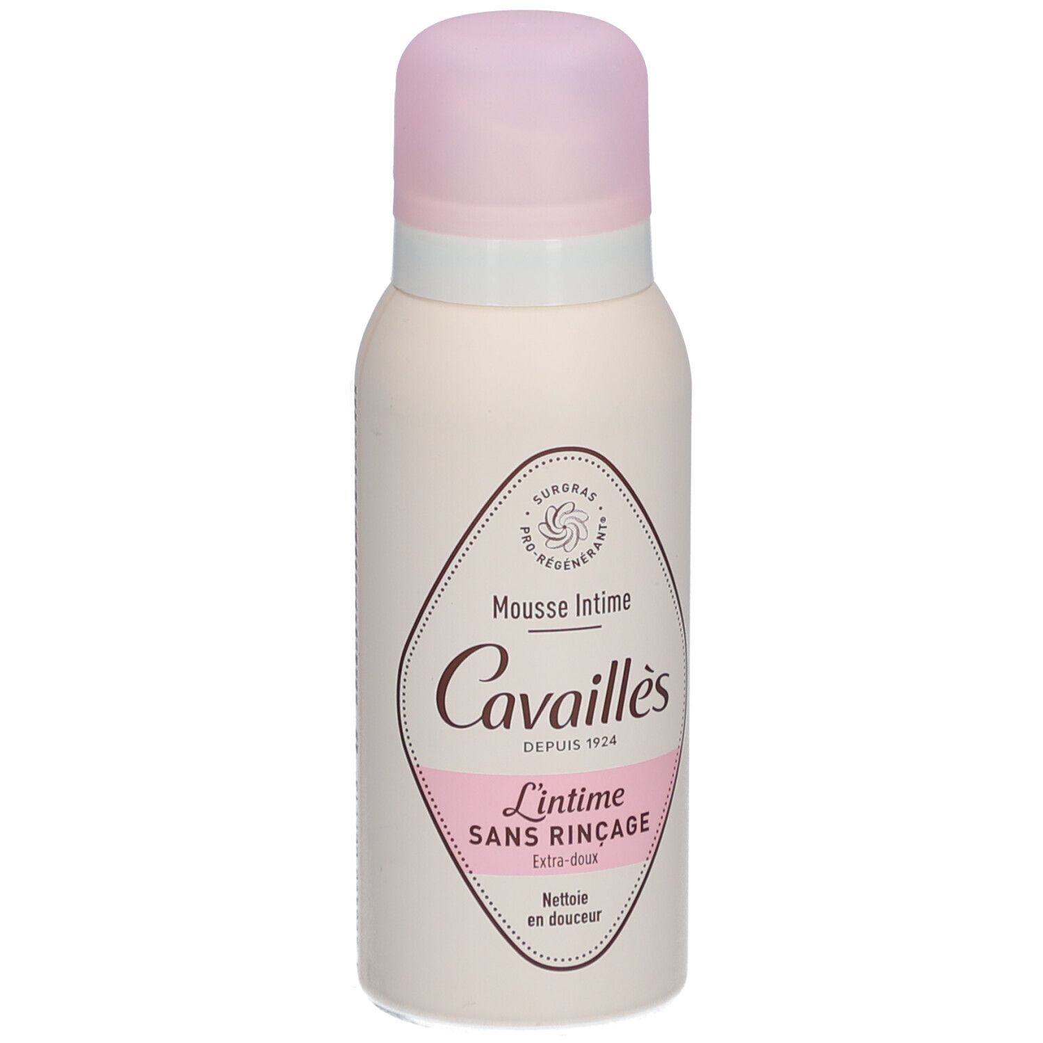 Weiß-rosa Flasche mit rosa Deckel. Aufschrift: Cavaillès, Mousse Intime, L'intime Sans Rinçage. Ohne Spülung.