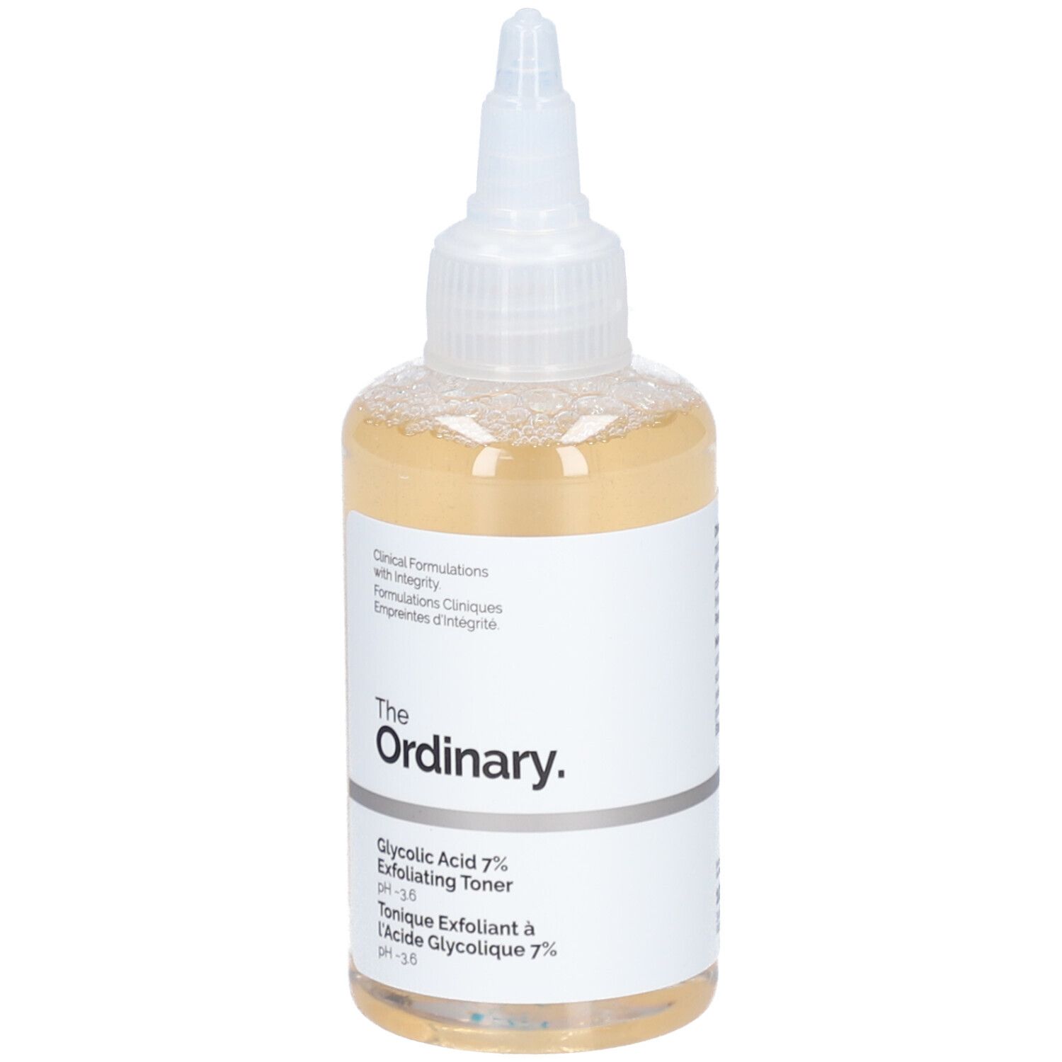 Flasche mit gelblicher Flüssigkeit. Aufschrift: The Ordinary. Glykolsäure 7% Exfoliating Toner.