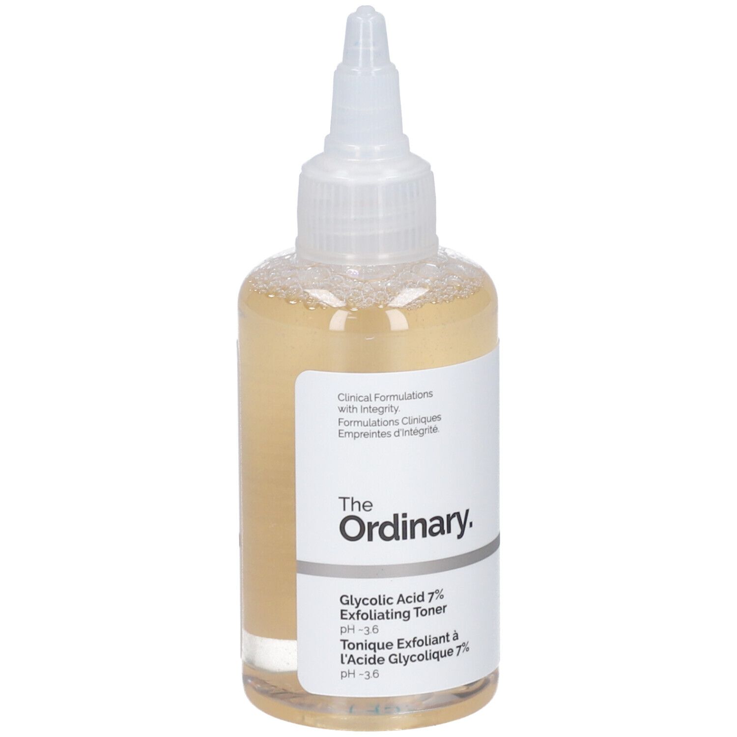 Flasche mit gelblicher Flüssigkeit. Aufschrift: The Ordinary. Glykolsäure 7% Exfoliating Toner.