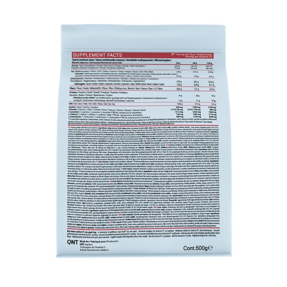 Rückseite der weißen Verpackung. Enthält Nährwertangaben und Text in mehreren Sprachen. Inhalt: 500g.