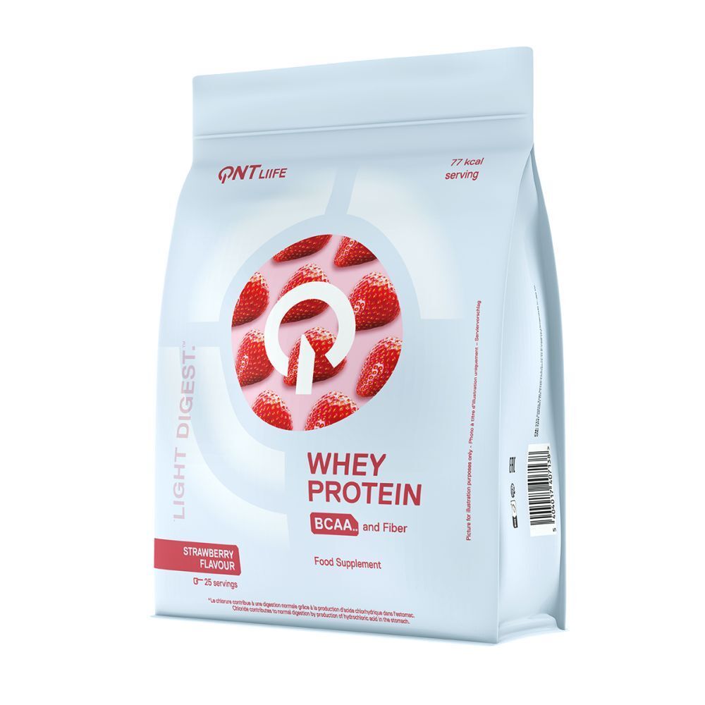 Weiße Verpackung mit QNT-Logo und Erdbeeren. Aufschrift: Whey Protein, BCAA und Ballaststoffe. Erdbeergeschmack.