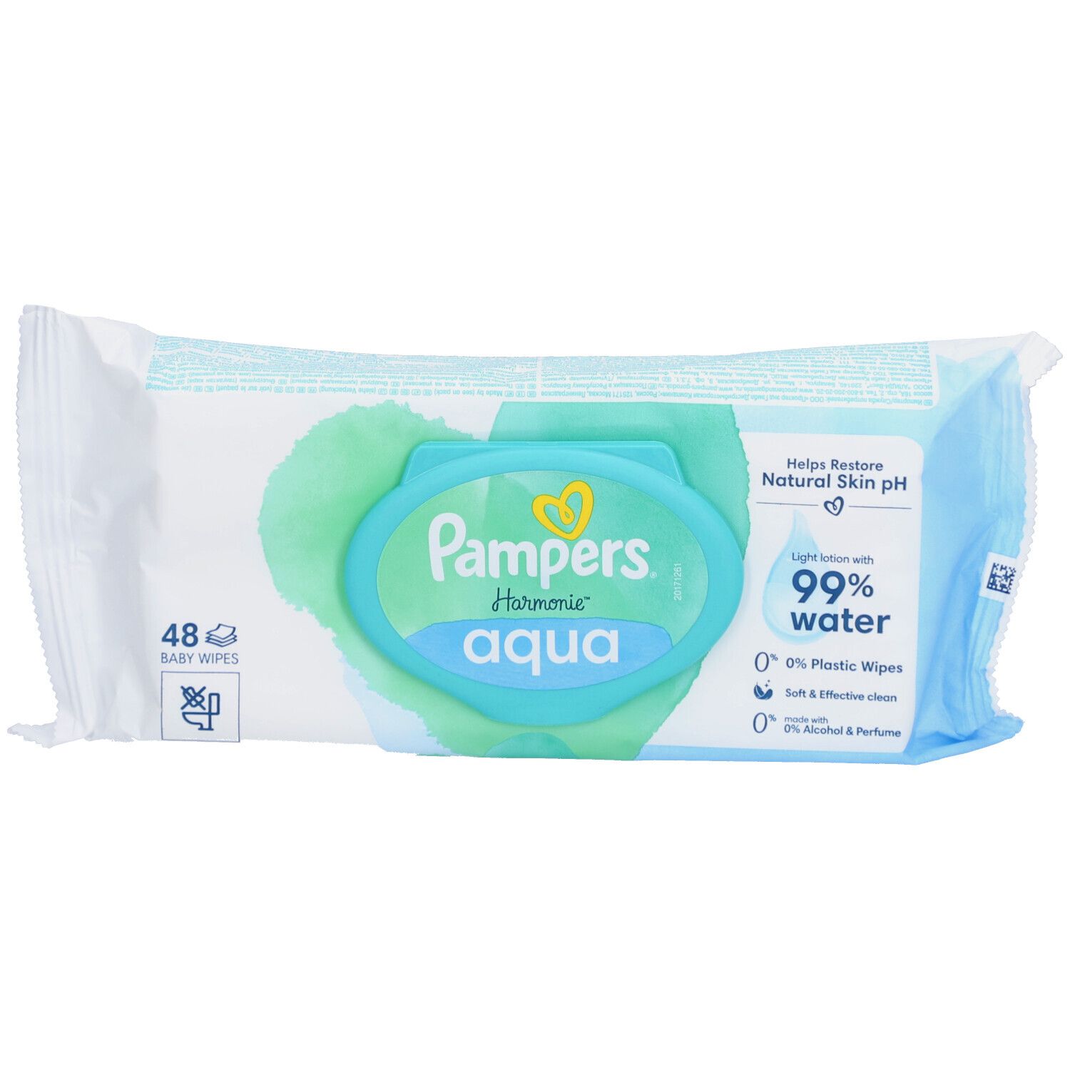 Pampers Harmonie Aqua Feuchttücher-Packung. 48 Tücher. 99% Wasser. 0% Plastik. Dermatologisch getestet.