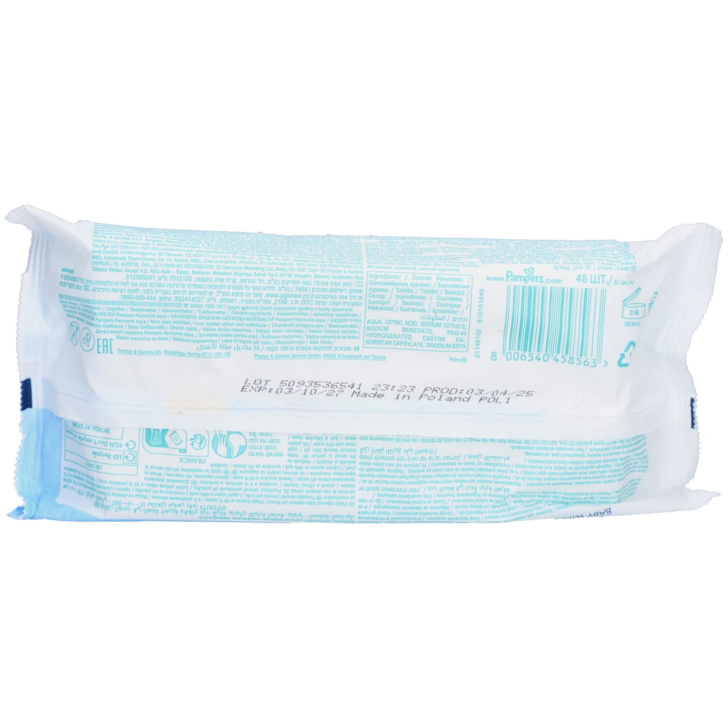 Rückseite der Pampers Harmonie Aqua Feuchttücher-Packung. Text und Barcode. Hergestellt in Polen.