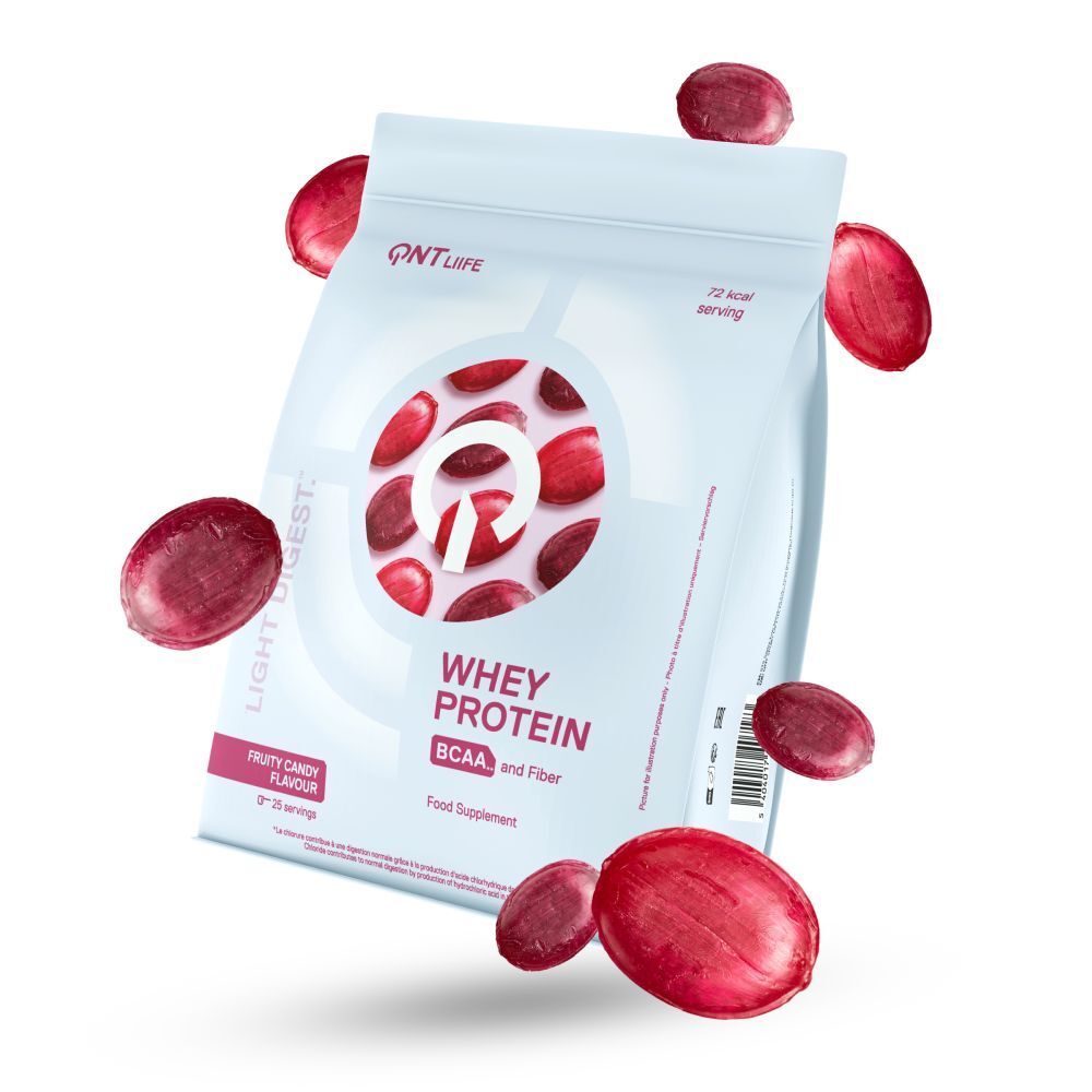 Weißer Beutel mit rotem Inhalt und Aufschrift. Enthält Whey Protein, BCAA und Ballaststoffe. Fruchtiger Candy-Geschmack.