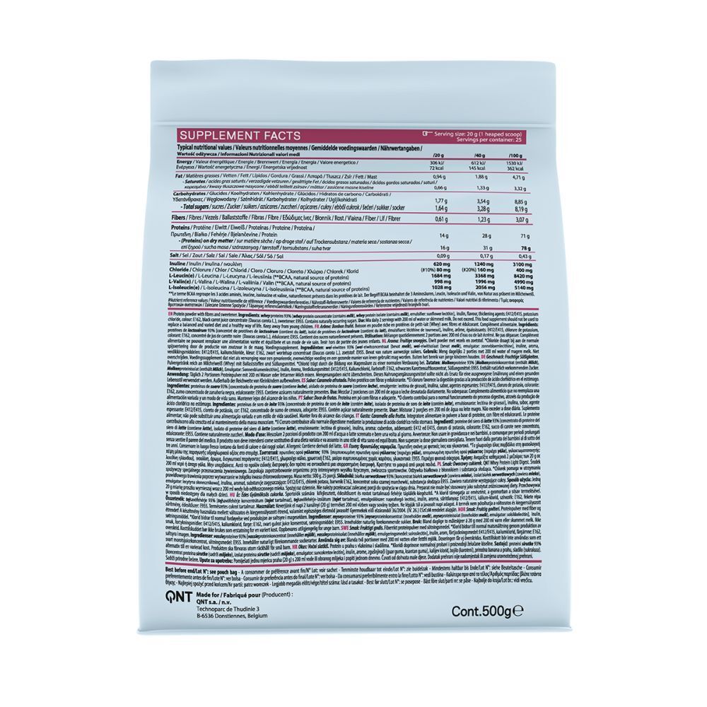Rückseite eines weißen Beutels mit Nährwertangaben. Enthält Informationen zu Proteinen, Fetten, Kohlenhydraten und Ballaststoffen.