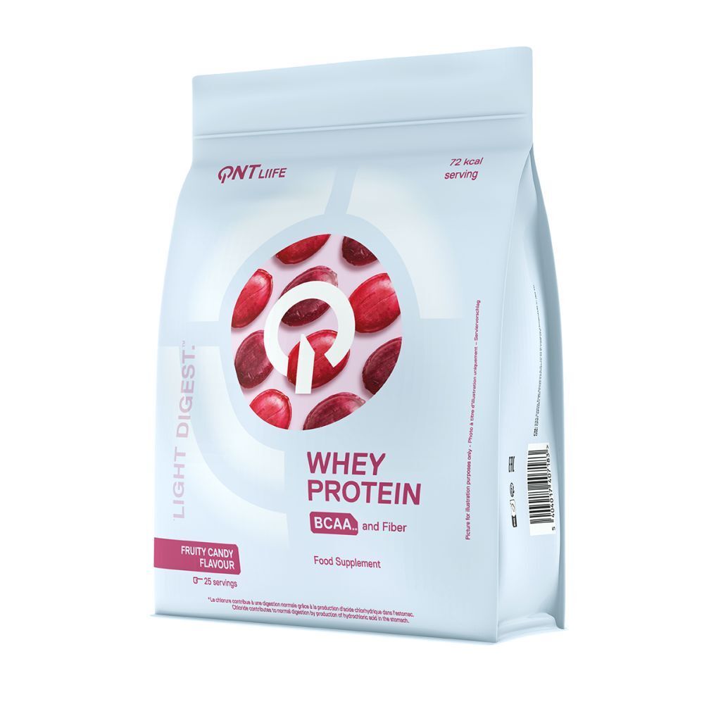Weißer Beutel mit rotem Inhalt und Aufschrift. Enthält Whey Protein, BCAA und Ballaststoffe. Fruchtiger Candy-Geschmack.