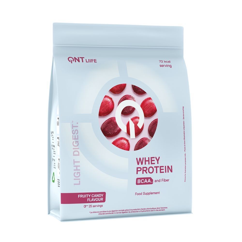 Weißer Beutel mit rotem Inhalt und Aufschrift. Enthält Whey Protein, BCAA und Ballaststoffe. Fruchtiger Candy-Geschmack.