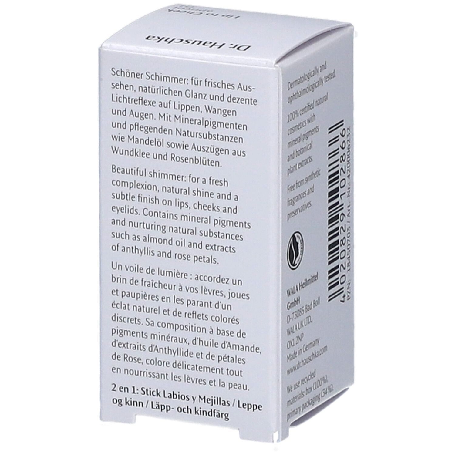 Weiße Verpackung mit Produktinformationen. Text über den Schimmer und Inhaltsstoffe. "Dr. Hauschka Lip to Cheek".