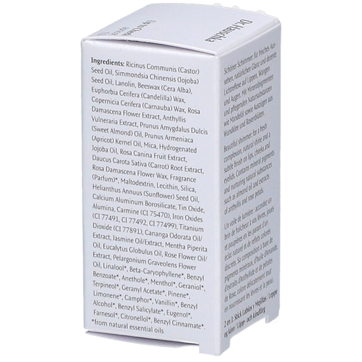 Weiße Verpackung mit Produktinformationen. Auflistung der Inhaltsstoffe. "Dr. Hauschka Lip to Cheek".